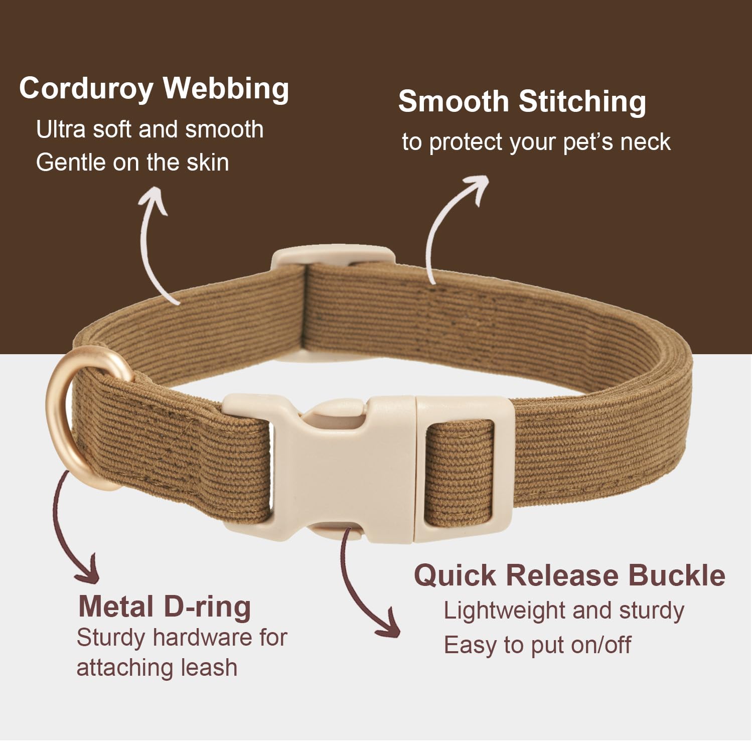 Yudote Soft Cotton Dog Collar Adjustable Corduroy Dog Collars For Small Medium Large Boy Dogs(Brown,Large)