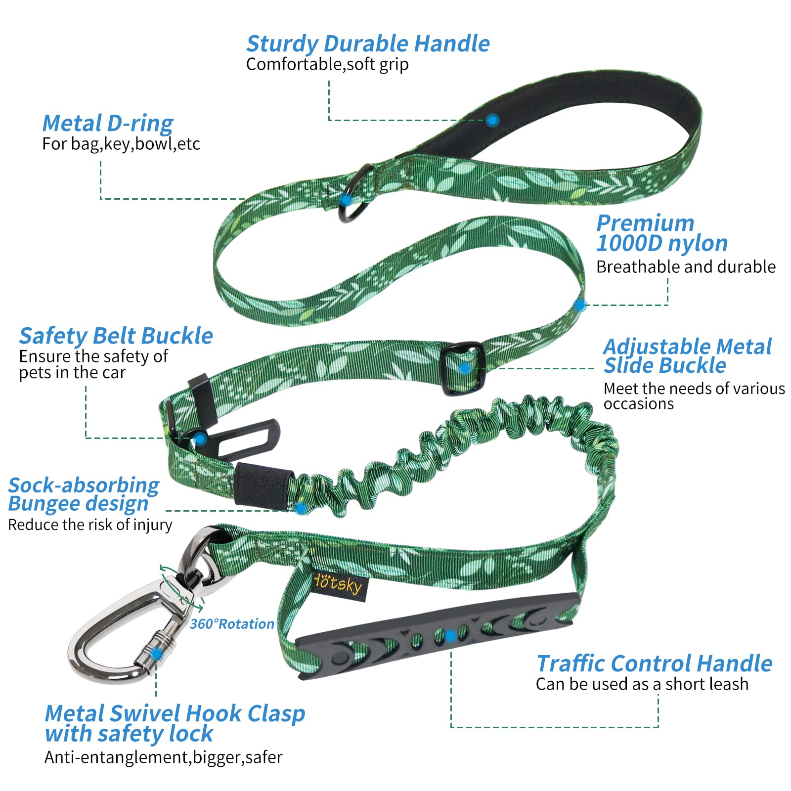 Hotsky Heavy Duty Bungee Dog Leash with Double Handle, 4Ft-6Ft, Shock Absorbing, Rubber, Green for Medium Large Dogs