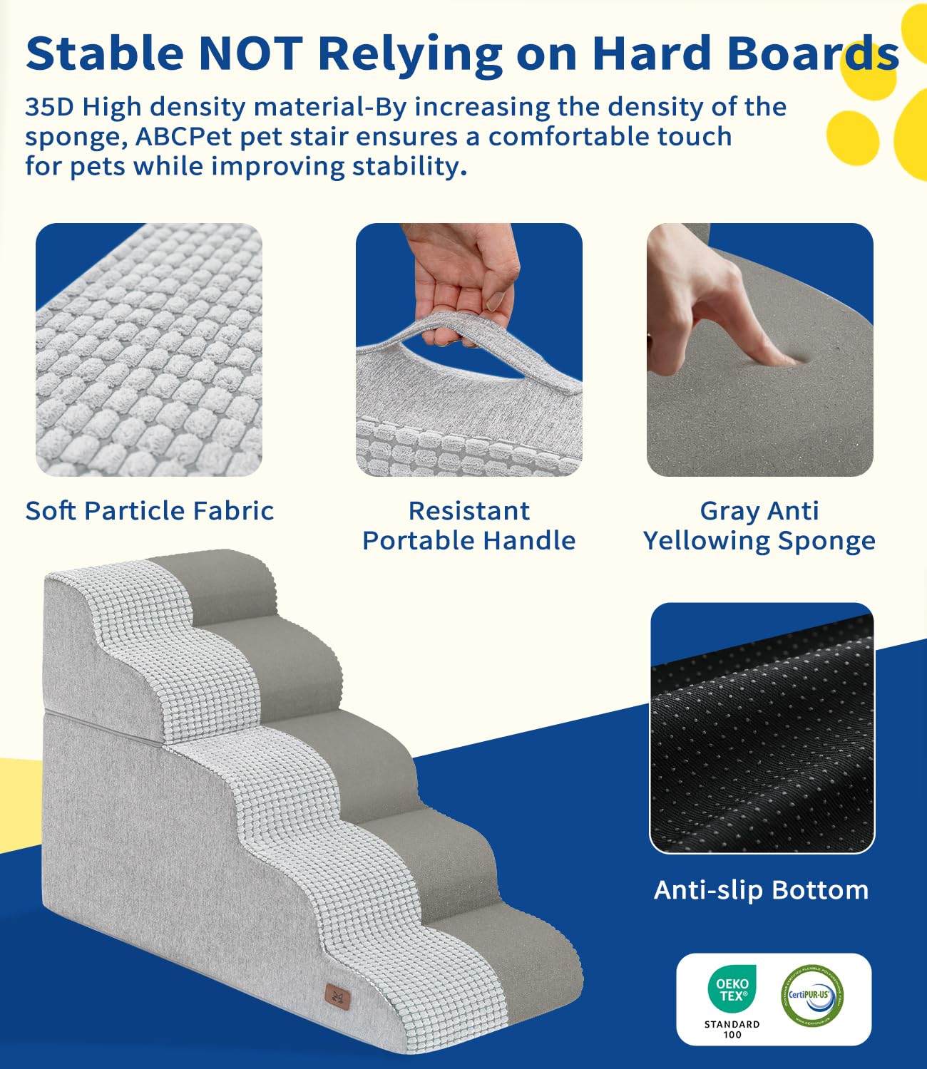 ABCPET Dog Step for Bed, Dog Stair 5-Step 35D Pet Stair 22.8 H for High Bed or Sofa Non-Slip Balanced Pet Step Indoor, Light Gre