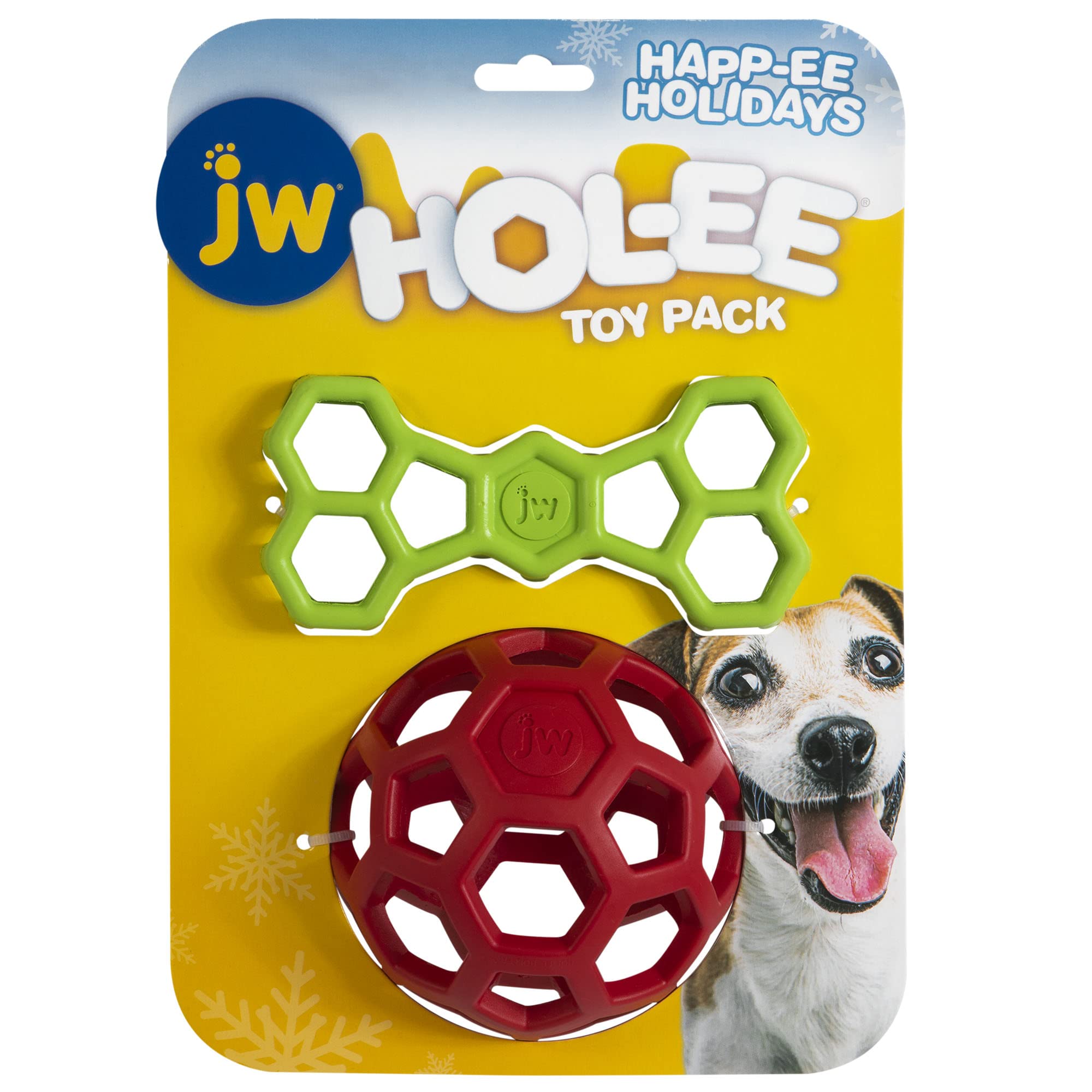 JW Hol-ee Holiday 2PK Dog Toy Set - 2 Pack Treat Ball & Pull Toy for Small Breeds