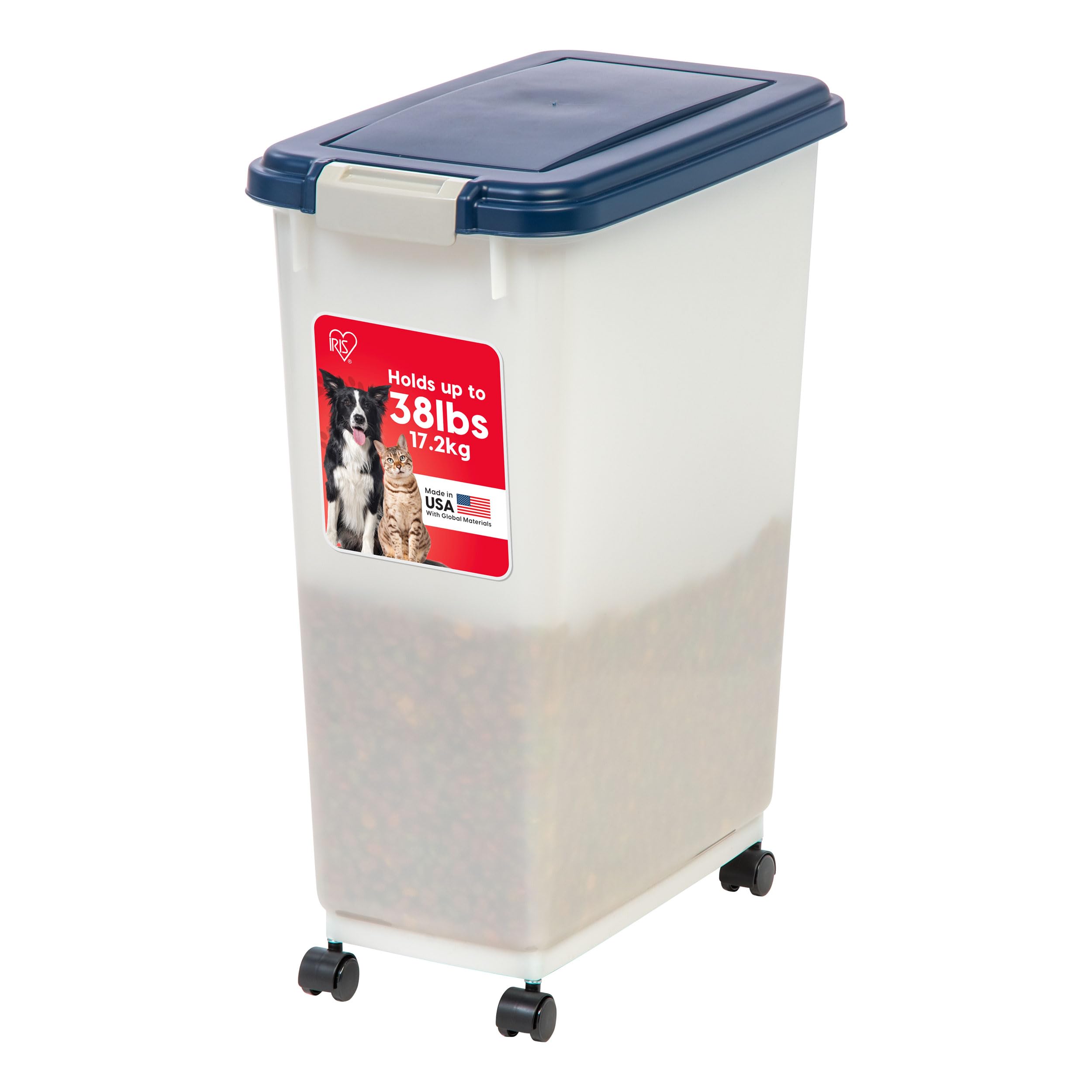 IRIS USA Airtight Dog Food Storage Container, Up to 38 lbs, Attachable Wheels, For Dog Cat Bird and Other Pet Food Storage Bin, 