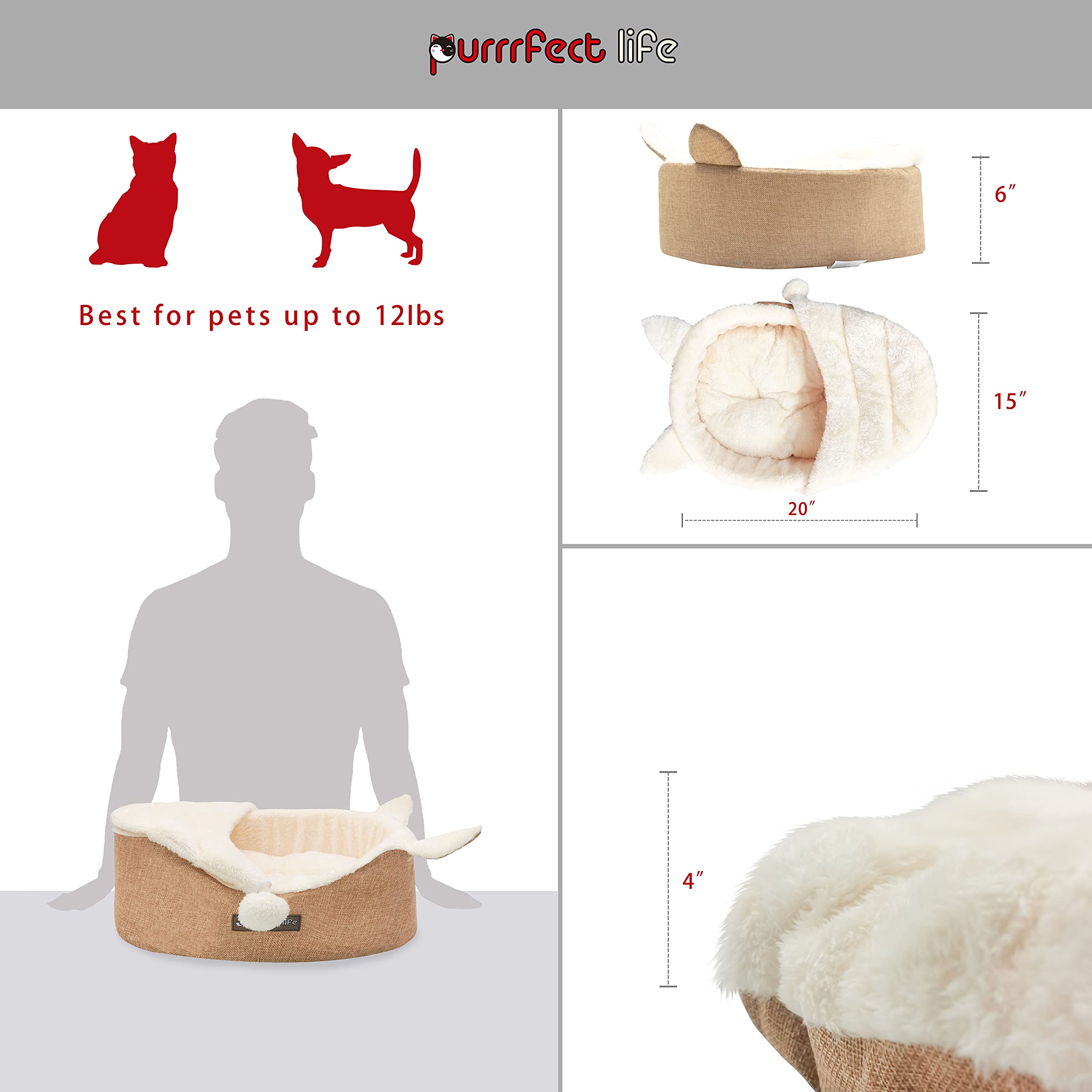 Purrrfect Life Oval Pet Beds For Cats And Small Dogs, Snuggery Pet Bed With Attached Blanket, Hooded Bolster Bed, Ultra Soft Short Plush, Washable High Resilience Pp Cotton, And More (Small, Brown)