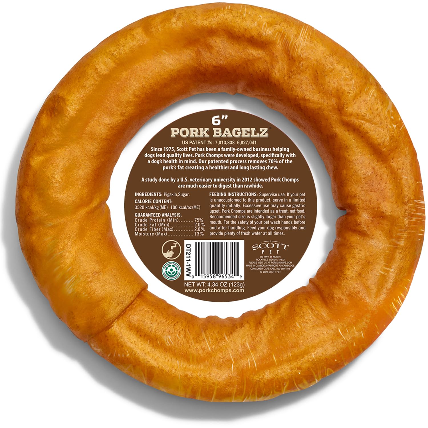 Pork Chomps Roasted Pork Skin Dog Chew - 6-inch Bagel, 4.34 oz, Brown