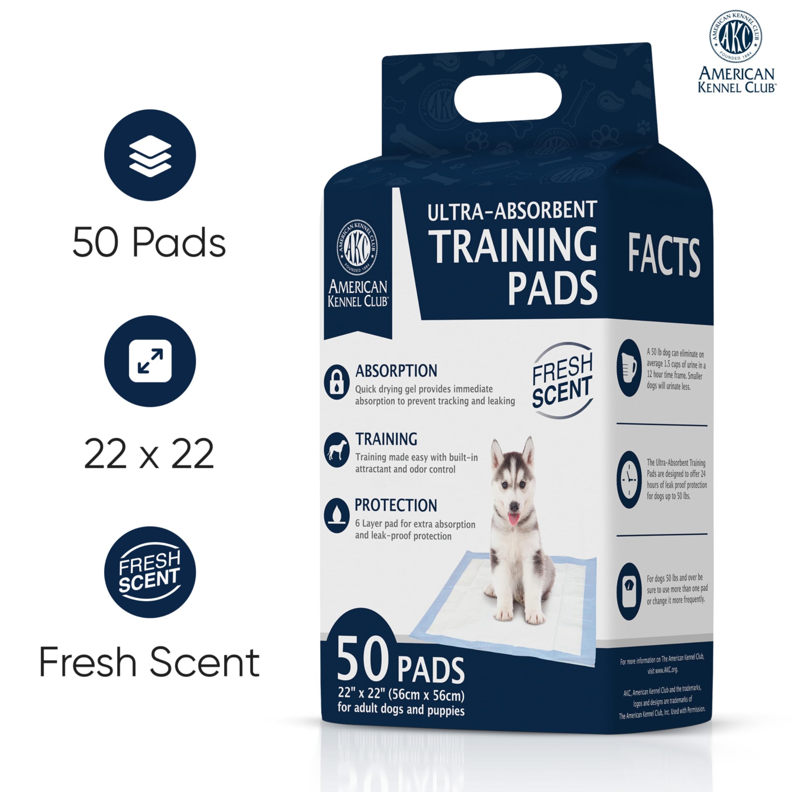 AMERICAN KENNEL CLUB Scented Puppy Training Pads, Ultra Absorbent Quick Dry Gel, 22x22, Blue, 50 Count, Model AKC62810
