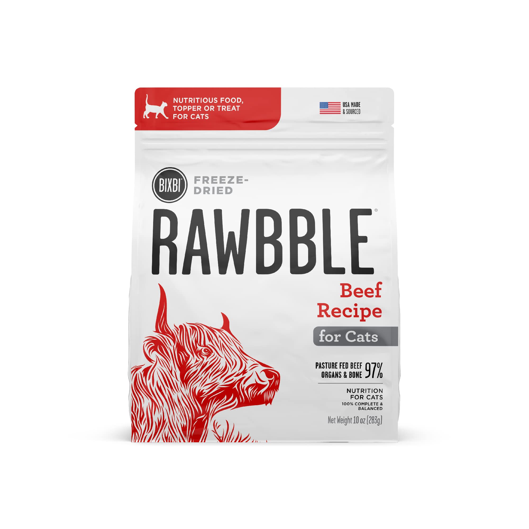 BIXBI Rawbble Freeze Dried Cat Food, Beef Recipe, 10 oz - 97% Meat and Organs, No Fillers - Pantry-Friendly Raw Cat Food for Mea