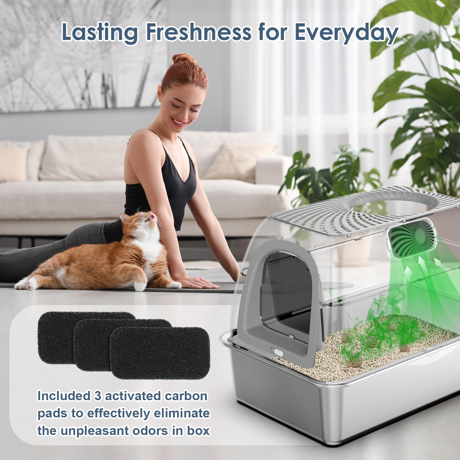 Stainless Steel Top Entry Litter Box With Dog-Proof, Hooded Stainless Steel Litter Box With Filter Lid & Scoop For Low Tracking,