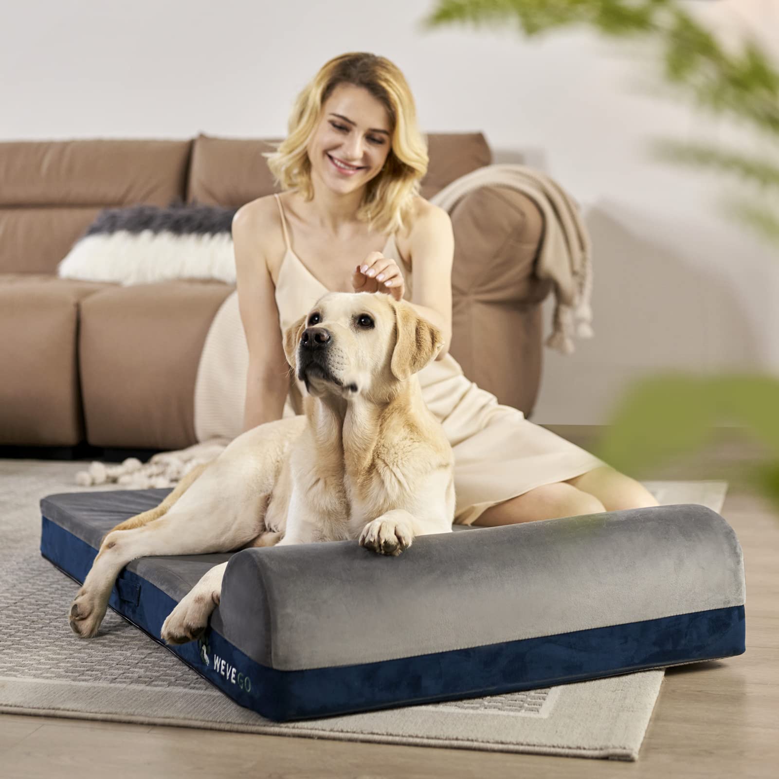Wevego Dog Bed, Large Dog Bed With Pillow, Thicken Gel Memory Foam Flannel Fabrice Dog Bed, Durable Waterproof Liner & Removable Washable Cover With Non-Slip Bottom, Sizes Medium Blue