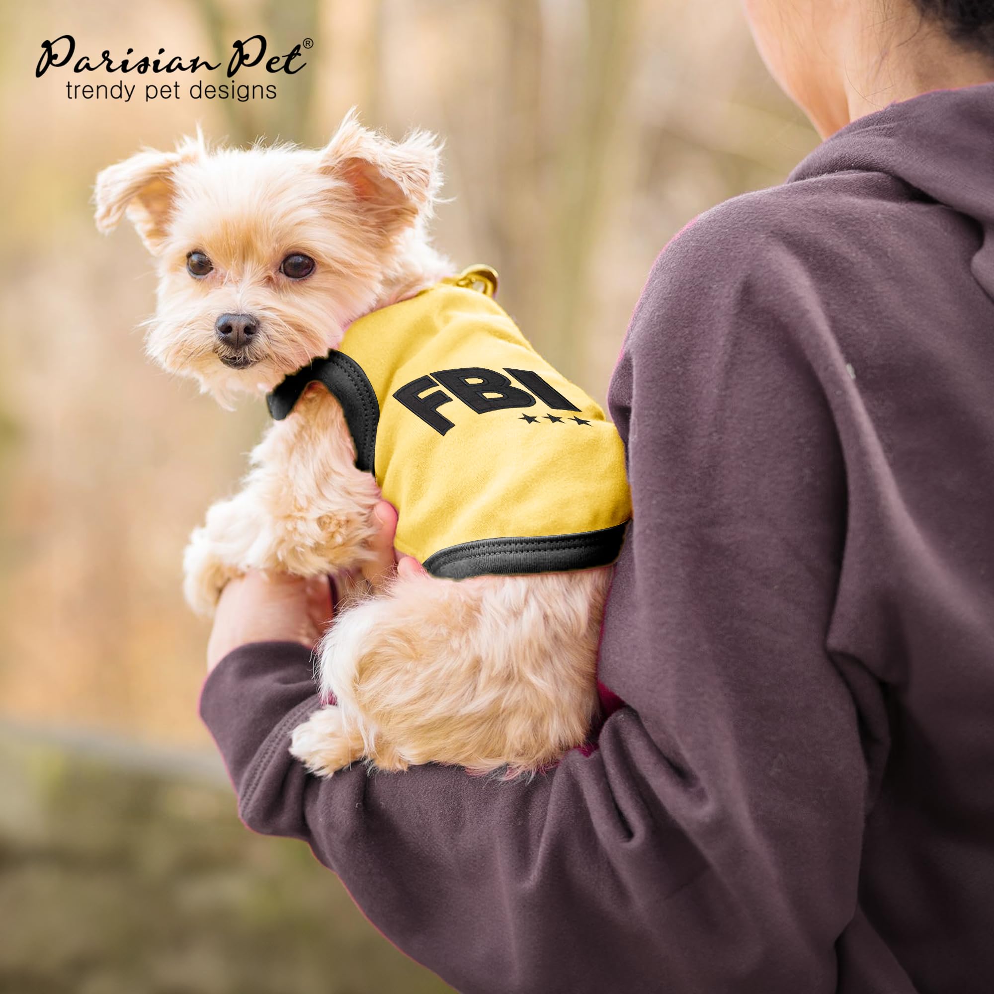 Parisian Pet Dog T-Shirt - Embroidered Fbi Shirt - 100% Cotton, Breathable Dog Clothes - Sleeveless Pet Vest - Machine Washable Yellow Dog Shirts For Large Dogs - L