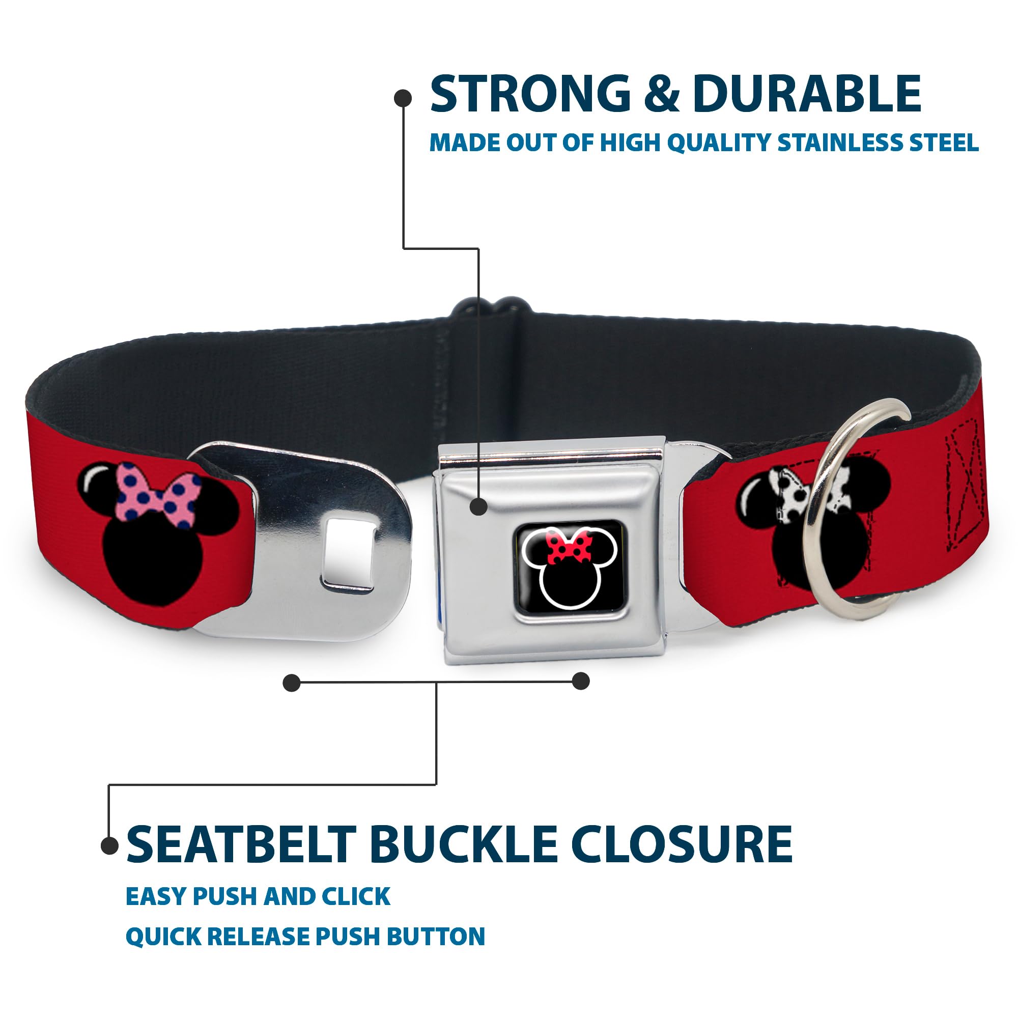 Buckle-Down Seatbelt Buckle Dog Collar - Minnie Mouse Silhouette Red/Black/Polka Dot - 1' Wide - Fits 9-15' Neck - Small