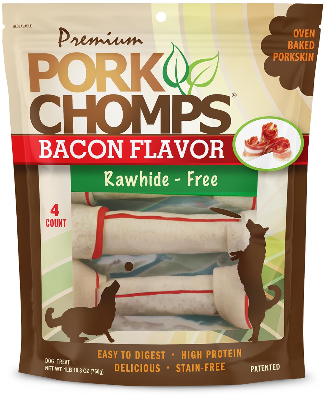 Pork Chomps Baked Pork Skin Dog Chews, 11-inch Knots, Bacon Flavor Strip, 4 Count