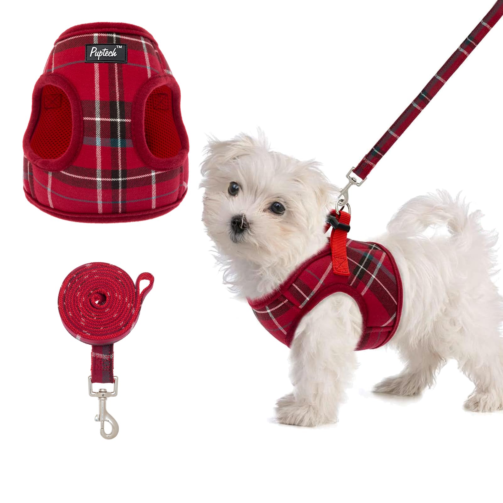 Pupteck Soft Mesh Dog Harness And Leash Set Step-In Plaid Puppy Padded No Pull Vest Harness For Xs Small Medium Sized Dogs Cats Outdoor Walking, Red S
