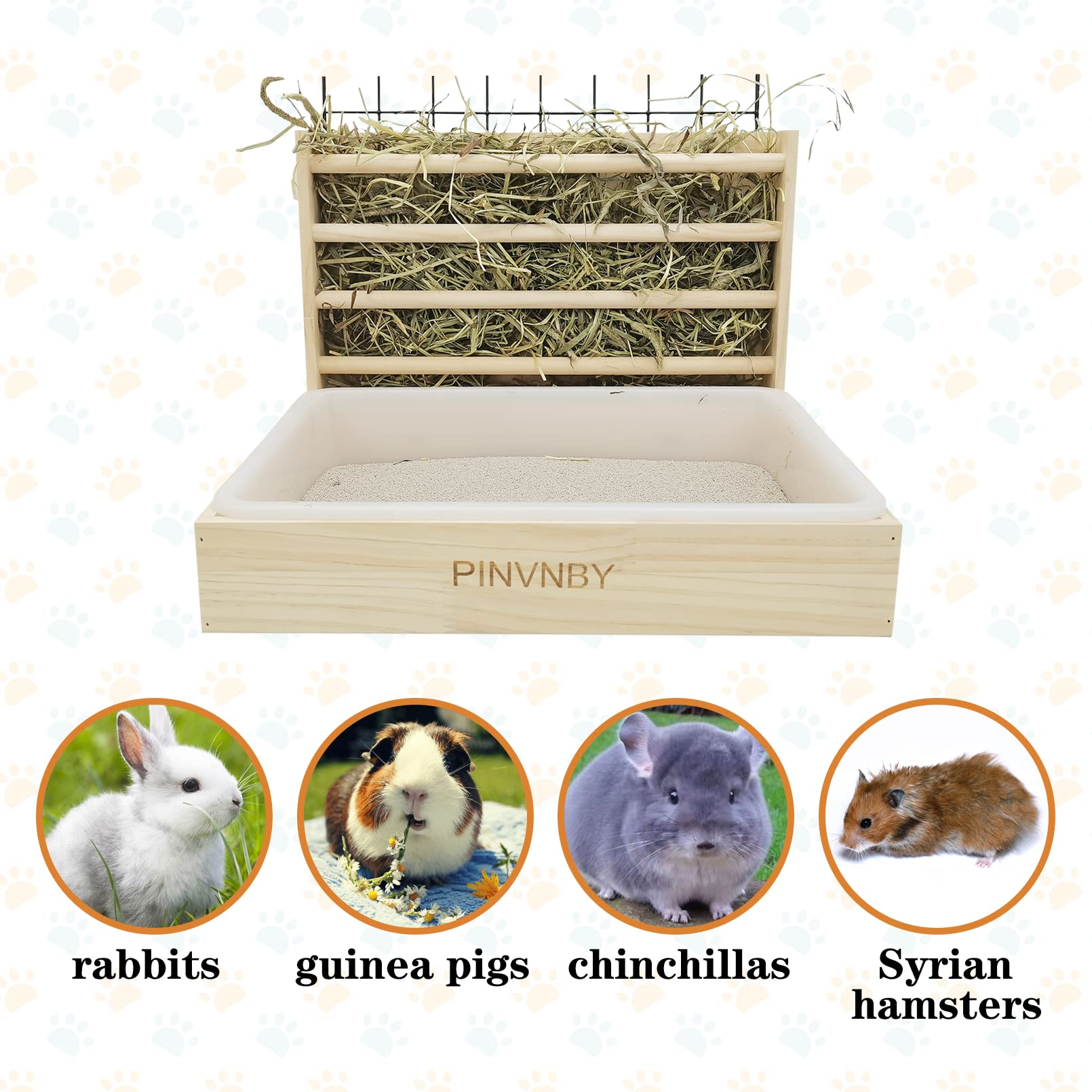 PINVNBY Bunny Hay Rack with Plastic Litter Box, Rabbit Grass Manger Holder, Guinea Pig Wooden Feeder and Toilet Set, Practical R