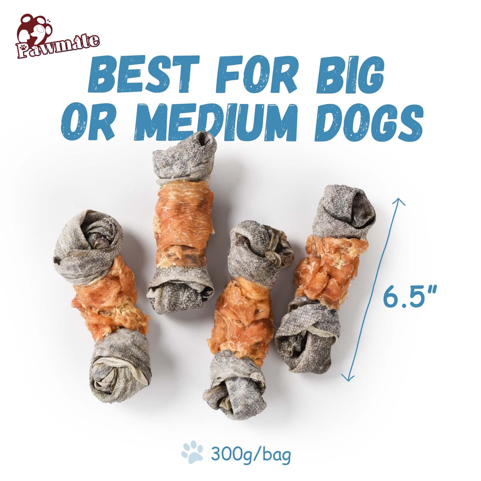 Pawmate Chicken Wrapped Cod Skin Knotted Bones-6.5, All-Natural Healthy Dog Chew Treats Fish Skin, Rich in Omega3 Protein 5-6 Pc