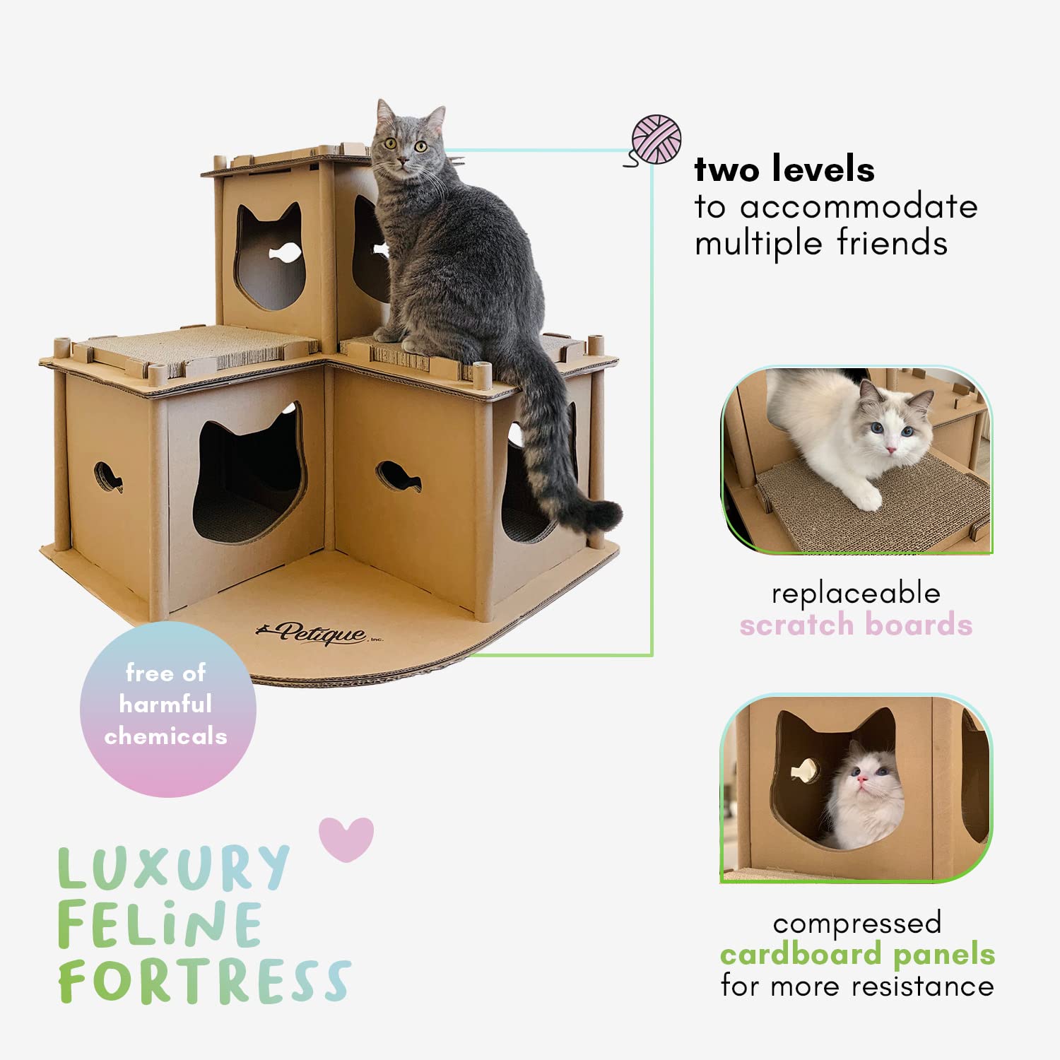 Petique Multilevel Cardboard Cat House Fortress, Indoor And Outdoor Cat Tower, Cat Scratcher Cardboard Tower, Modern Cat Furniture, Planet-Friendly Cat Playground, Great For Cats And Kitties