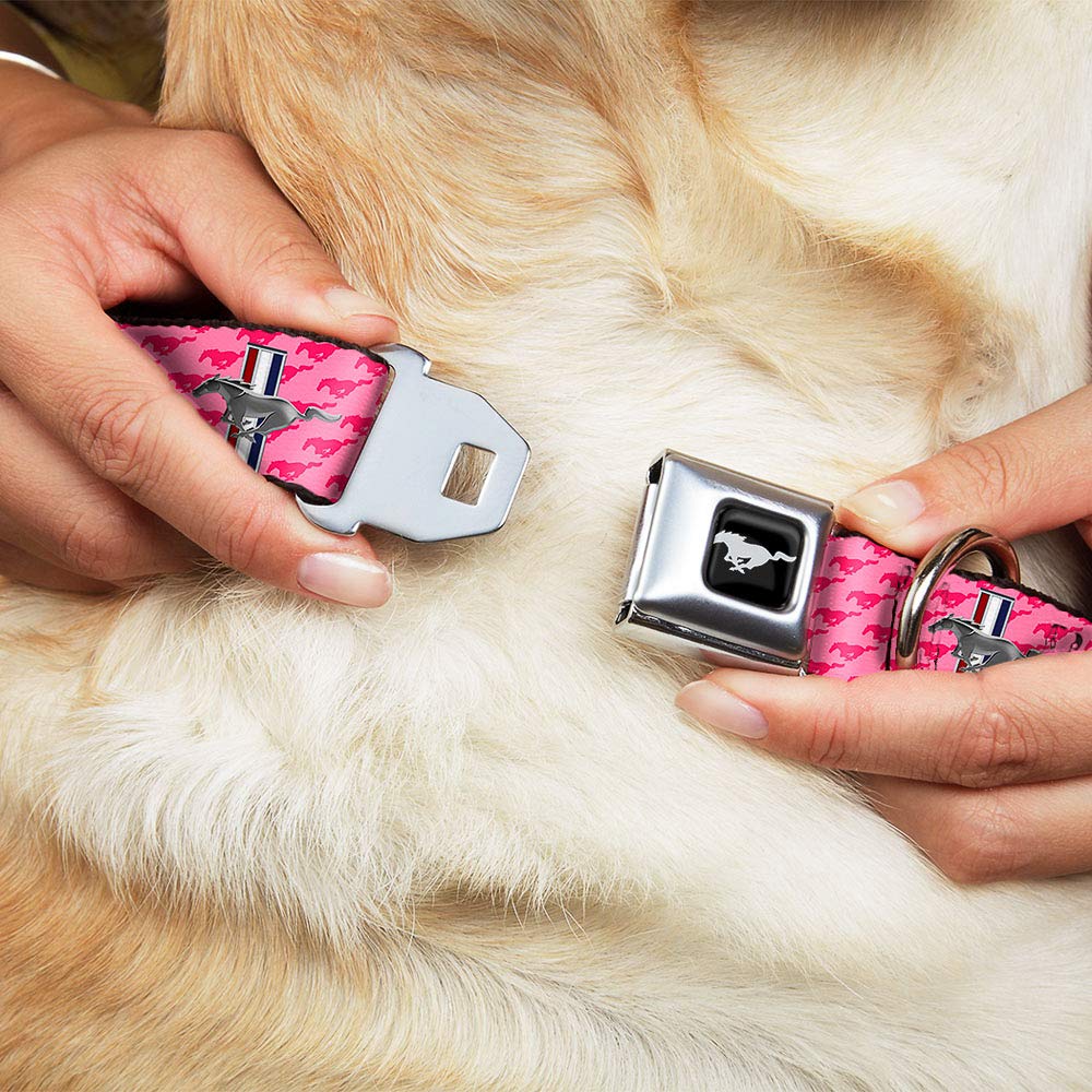 Buckle-Down Dog Collar Seatbelt Buckle Ford Mustang Bars Text Pink Logo Repeat 11 To 17 Inches 1.0 Inch Wide
