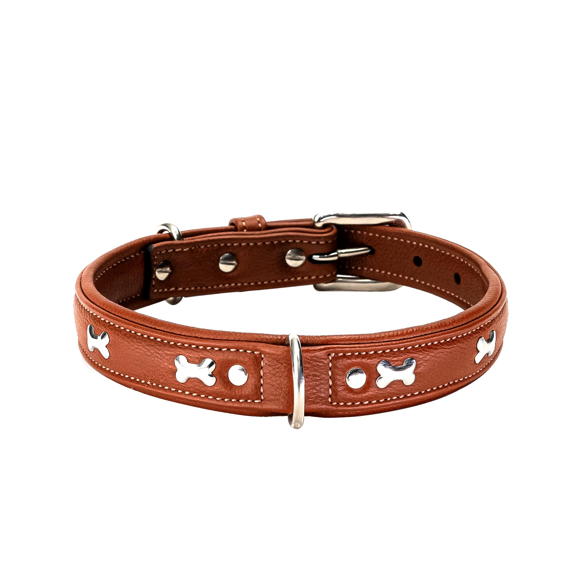 AdilS Metal Bone Studded Leather Dog Collars 1Inch Width, Adjustable Collar With Strong Metal Buckle & DRing For Small, Medium