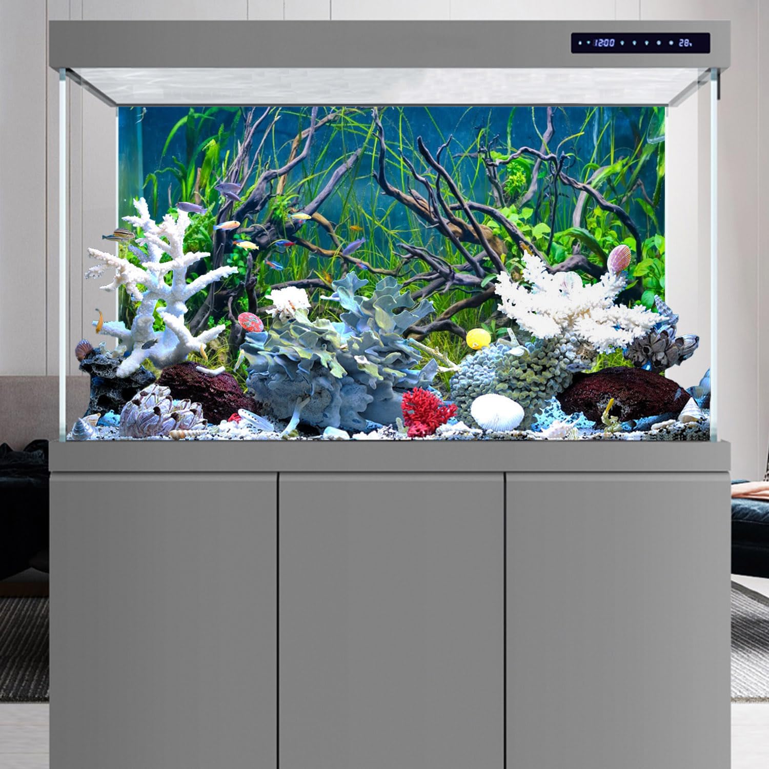 Awert 24X12 Inches Tropical Fish Tank Background River Bed & Lake Aquatic Plant Undersea Tree Branch Aquarium Background Vinyl