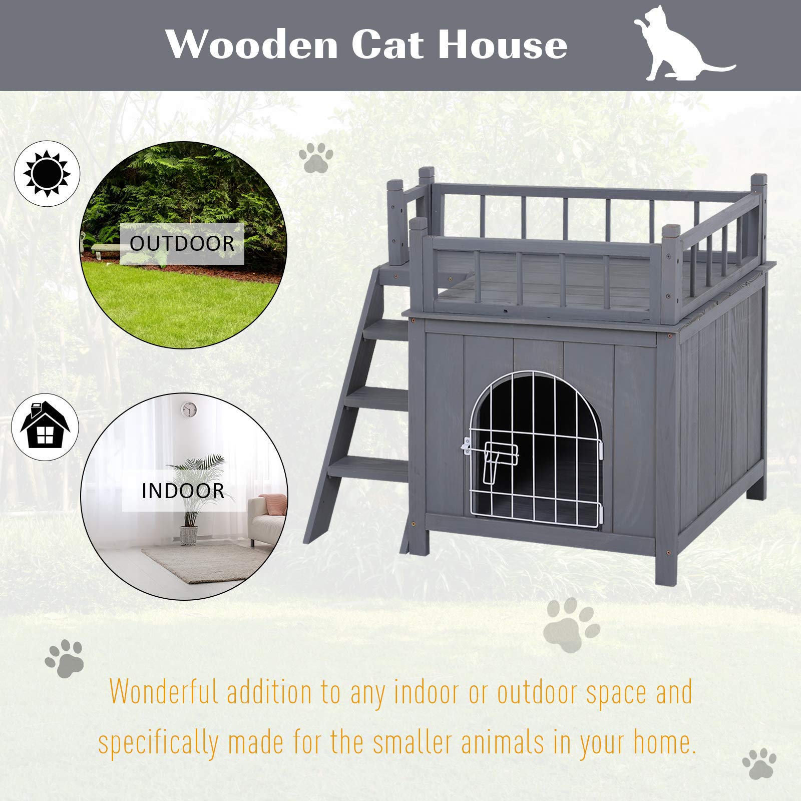 Pawhut 2-Level Wooden Cat House, Outdoor Dog Shelter Cat Condo With Lockable Wire Door And Balcony, Grey