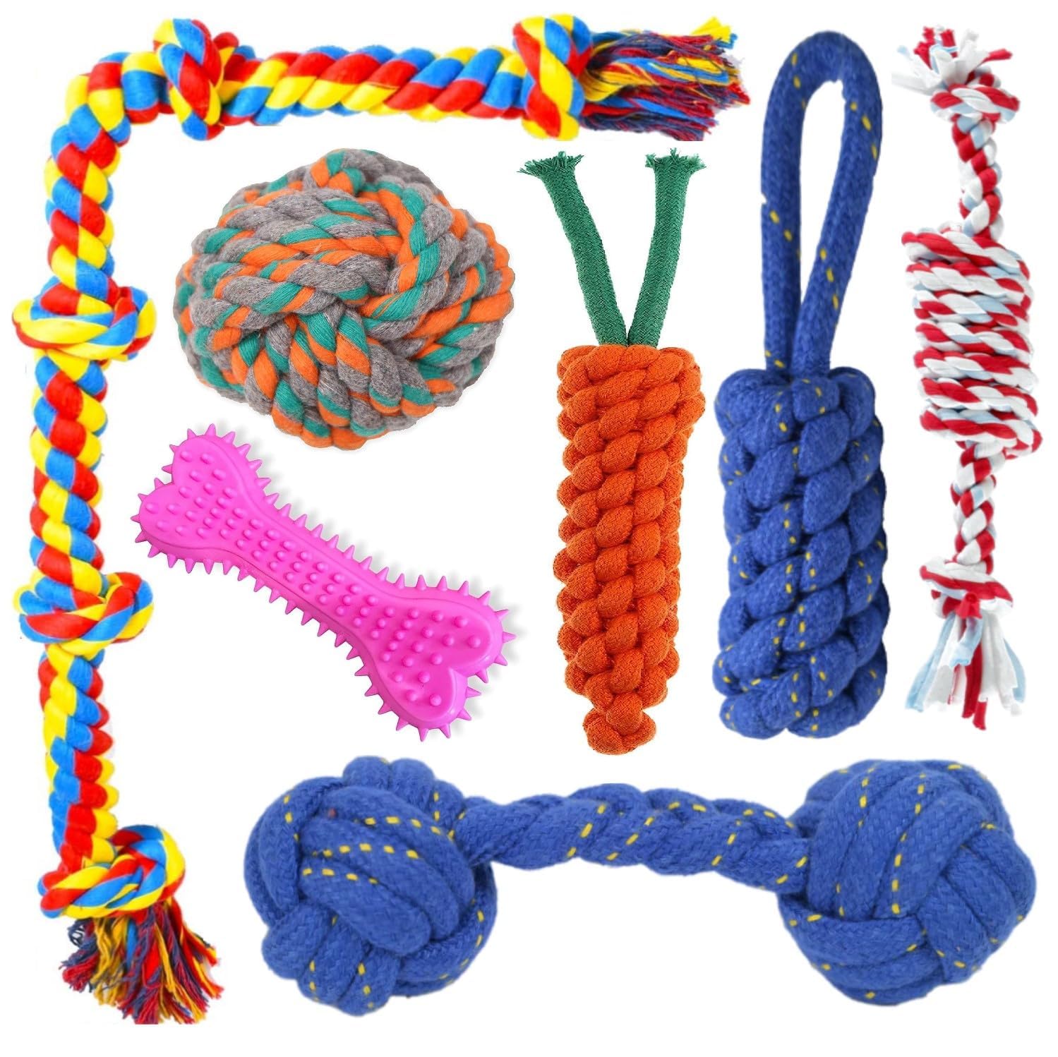 Psk Pet Mart Pet Combo Cotton Rope Chew Toy  Rubber Chew Bone, Knotted Rope And Long Rope Toy For Playing, Teeth Cleaning & Tra