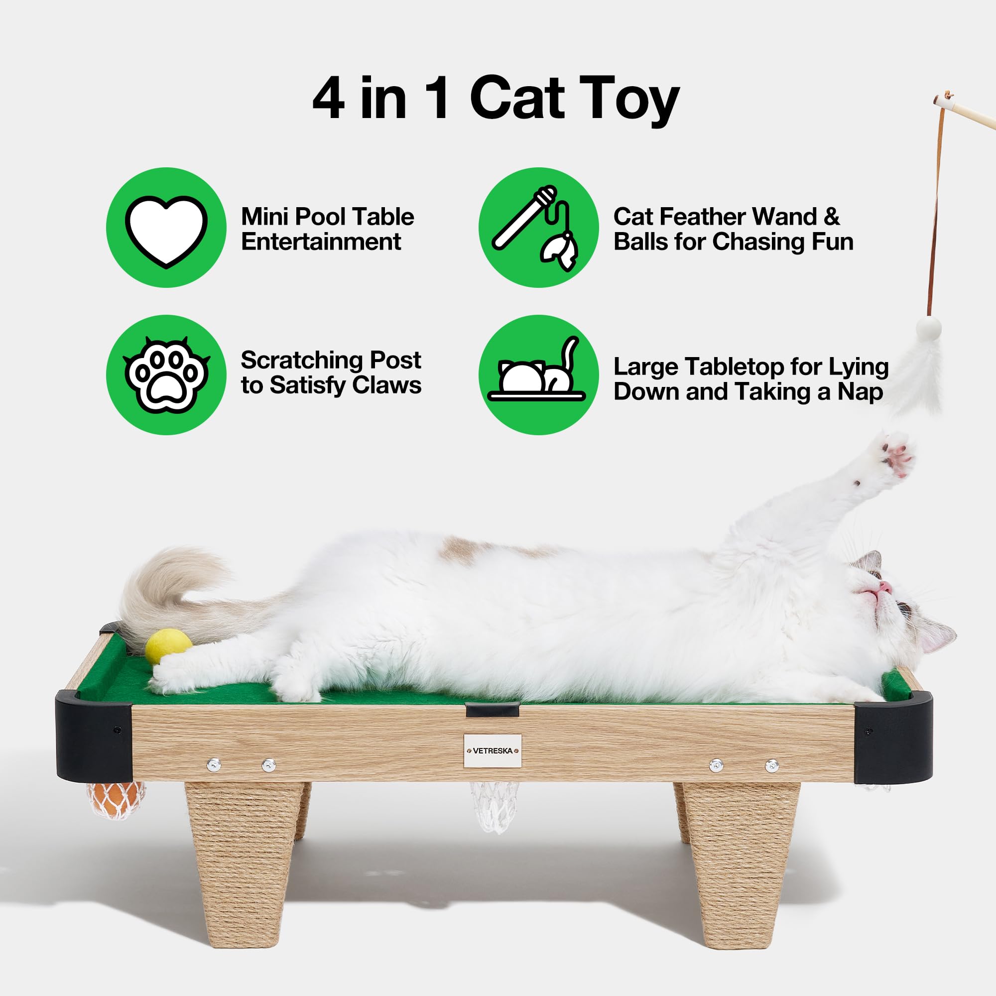 VETRESKA 4 in 1 Cat Toys Mini Pool Table for Cats,Cat Feather Wand Toy Cat Billiard Ball Puzzle Toy,Cat Tree Pool Table Tower wi