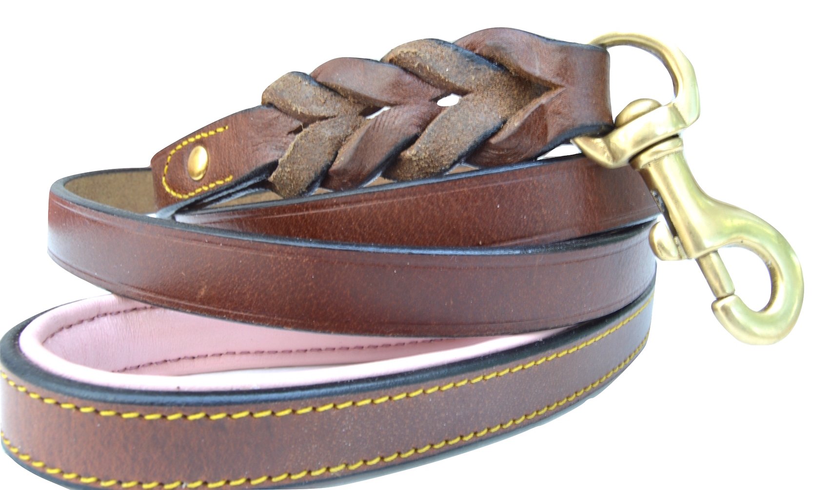 Soft Touch Collars Heavy Duty Leather Braided Dog Leash, 6ft, Brown with Pink Padded Handle