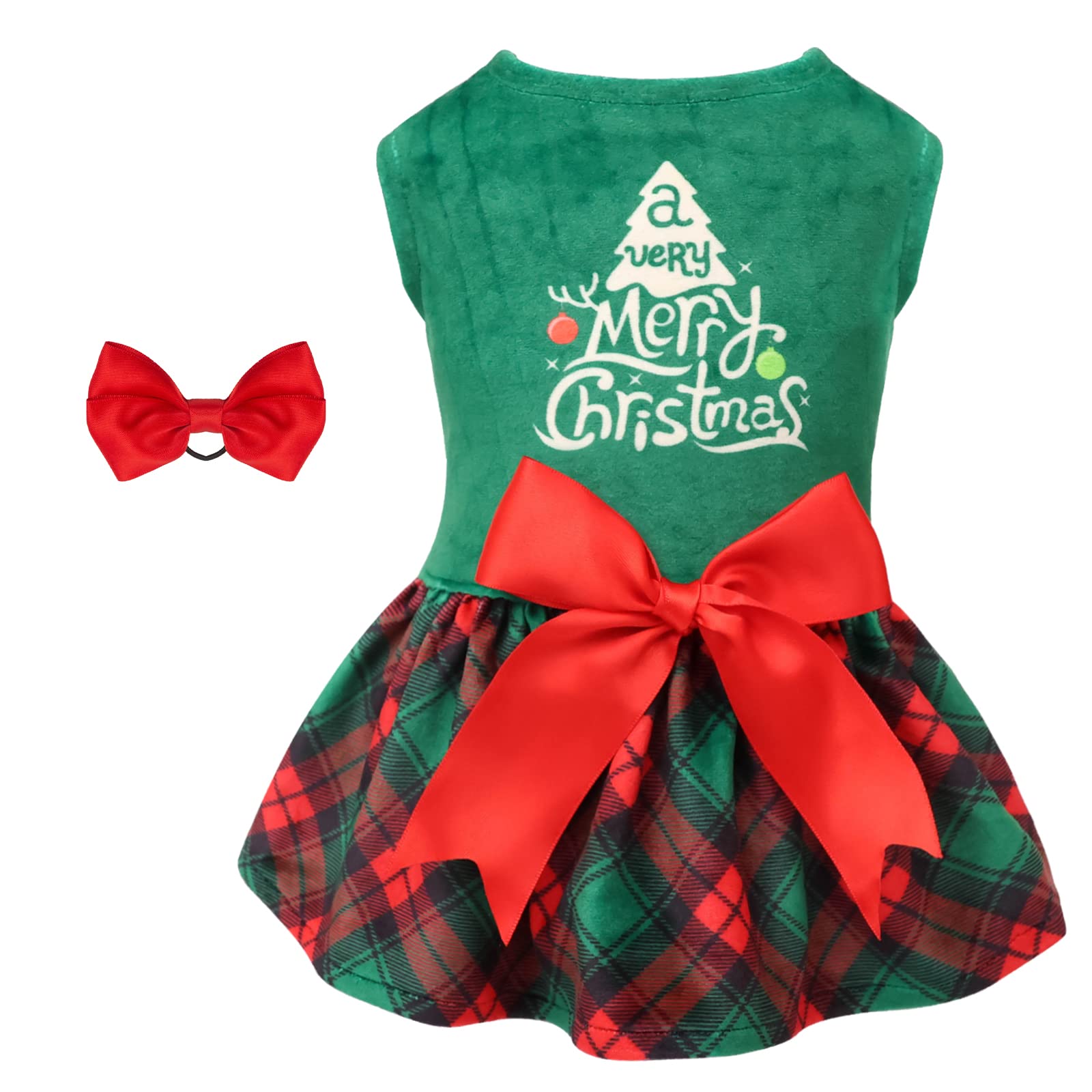Cutebone Christmas Tree Dog Dress Velvet For Small Dogs Girl Puppy Dresses Green Plaid Dog Clothes Cva05L-D