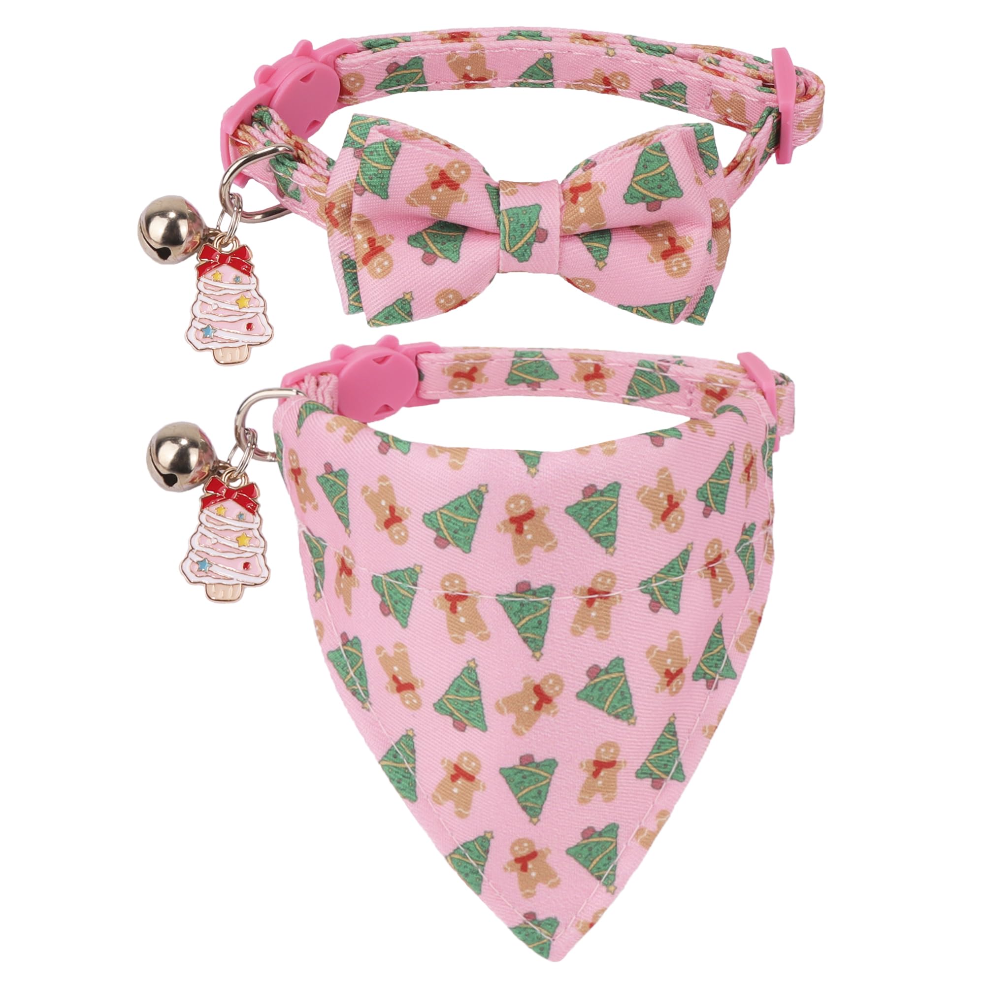 Adoggygo Pink Christmas Cat Collar With Bowtie Bandana, Kitten Bandana Collar, Pet Christmas Collars