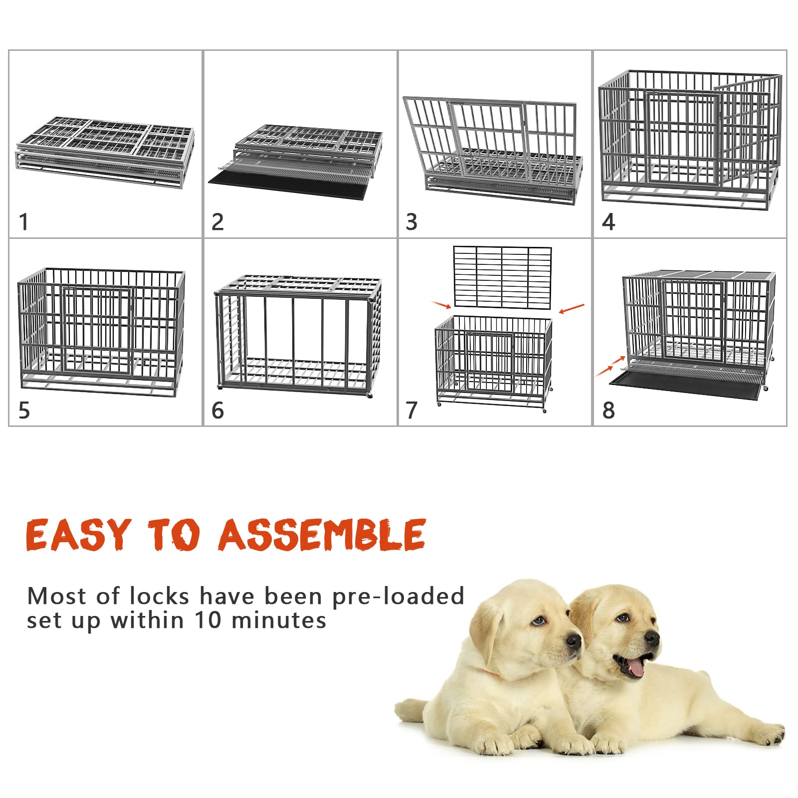 LEMBERI Heavy Duty Indestructible Dog Crate, 48/38 Inch, Escape Proof, Alloy Steel, Silver, Double Door, Lockable Wheels