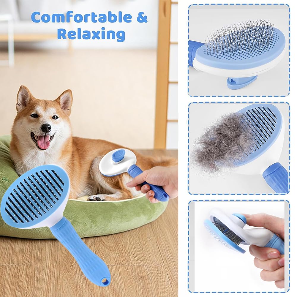 Qubccum 7Pcs Pet Grooming Kit, Self-Cleaning Brush Shedding Kit With Nail Clipper, Flea Comb, Shampoo Bath Brush, Finger Toothbr