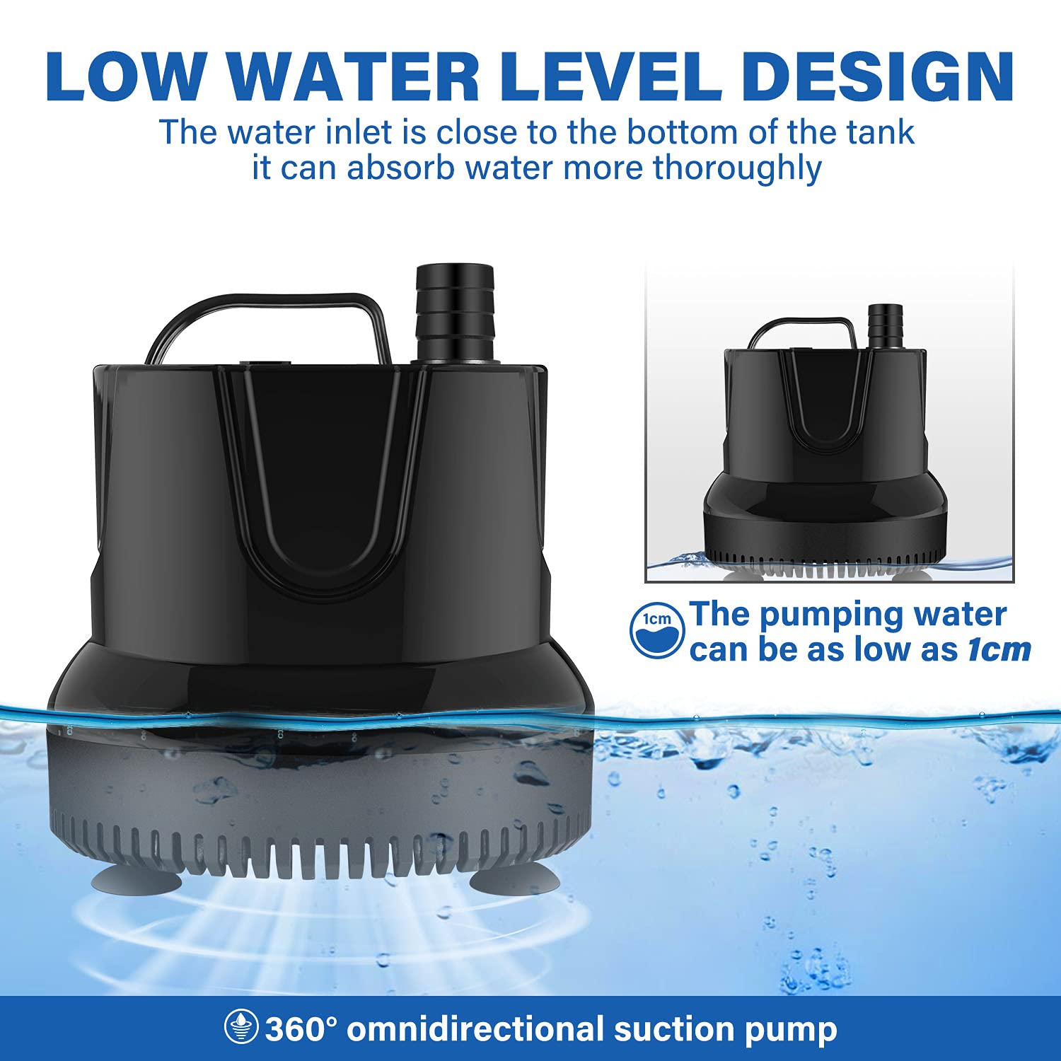 Simple Deluxe 660GPH Bottom Suction Submersible Water Pump (2500L/H, 45W) with 8.2ft High Lift, 3 Nozzles for Fish Tank, Pond, A