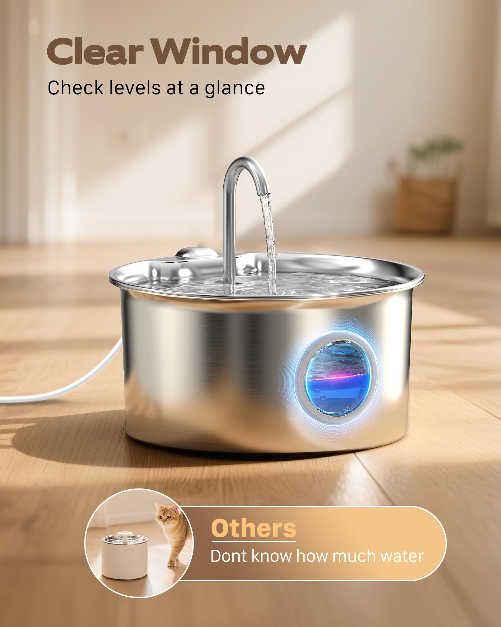 Stainless Steel Cat Water Fountain: Cat Fountain with 6 Filters + 3 Sponges - 88oz/2.6L Pet Water Fountain for Cats Inside - Sil