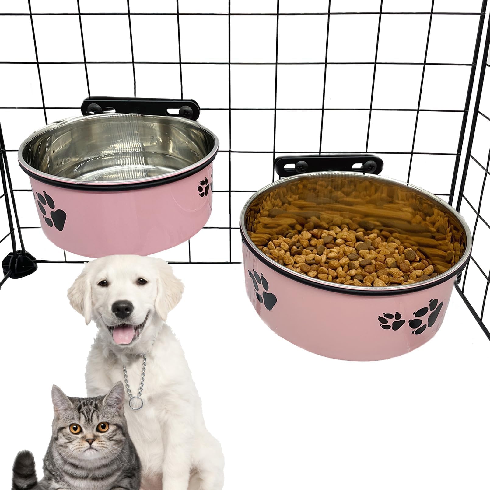 Dog Crate Food and Water Bowl 2Pcs Small Pet Hanging Kennel Removable Dish Feeding Cup No Spill with Holder for Medium Large Siz