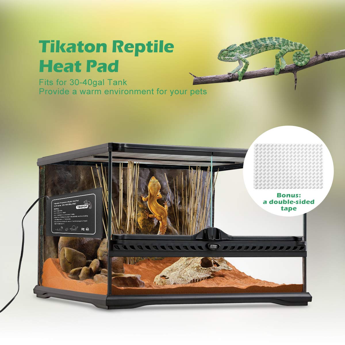 Tikaton Reptile Heat Pad - Adjustable Temperature Under Tank Heater For 10-20Gal/30-40Gal Tank, Terrarium Heat Mat For Turtle/Sn