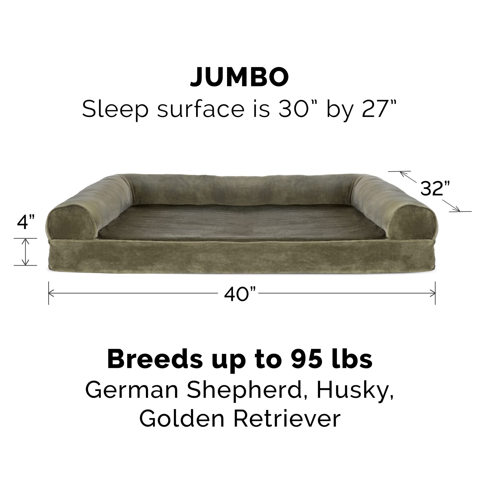 Furhaven Orthopedic Dog Bed For Large Dogs W/ Removable Bolsters & Washable Cover, For Dogs Up To 95 Lbs - Faux Fur & Velvet Sofa - Dark Sage, Jumbo/Xl