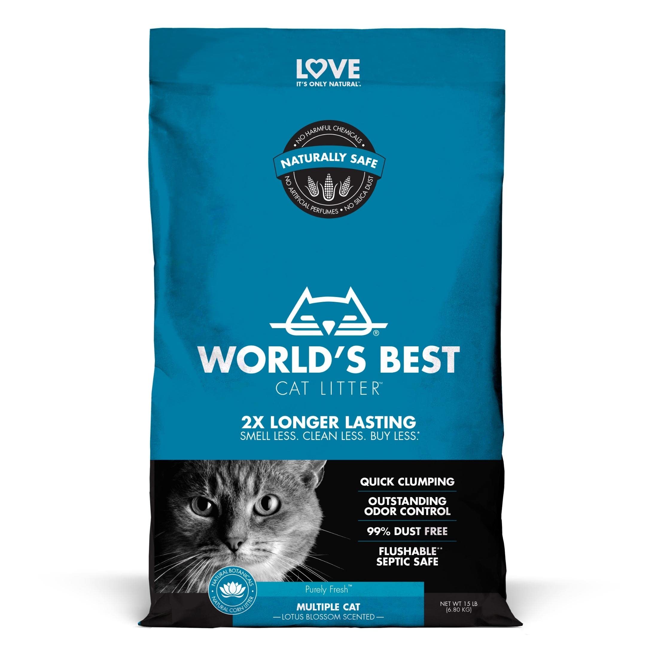 WORLDS BEST CAT LITTER Multiple Cat Lotus Blossom Scented 15-Pounds - Natural Ingredients, Quick Clumping, Flushable, 99% Dust