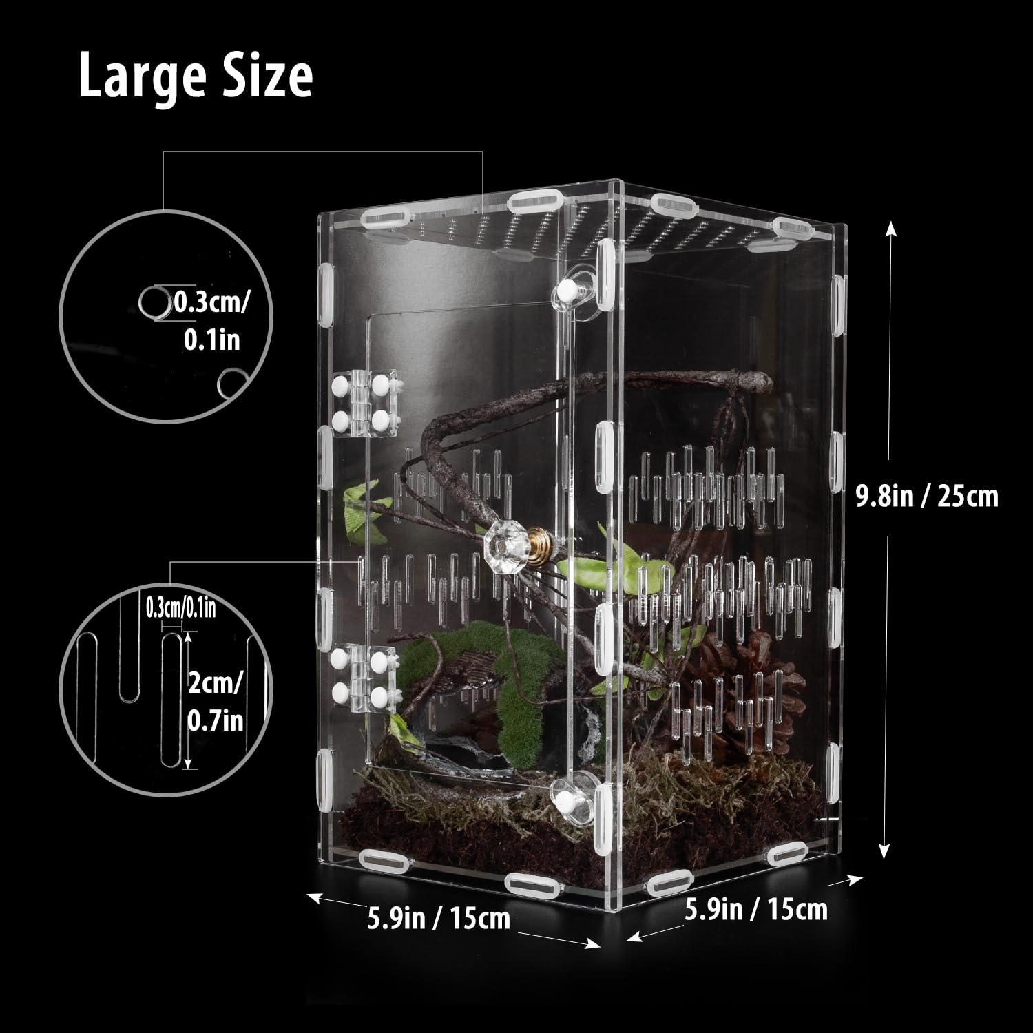 TCooSo Acrylic Jumping Spider Enclosure, 10"x6"x6", Ventilated Terrarium for Small Reptiles - Clear, Model FF003