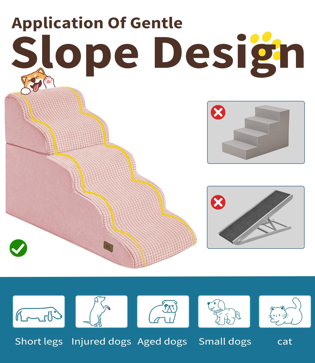 ABCPET Dog Step for Bed, Dog Stair 5-Step 35D Pet Stair 22.8 H for High Bed or Sofa Non-Slip Balanced Pet Step Indoor, Pink
