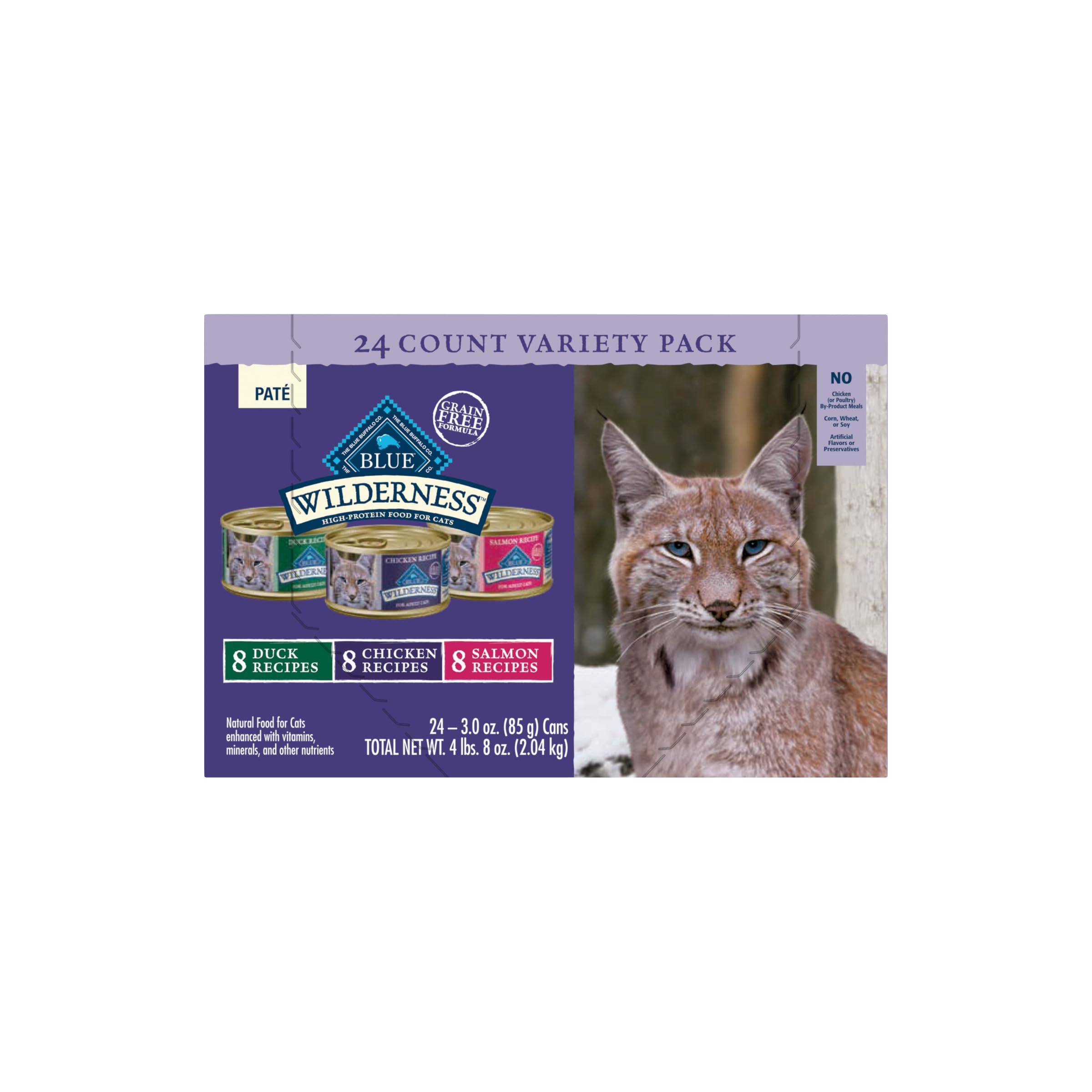 Blue Buffalo Wilderness High Protein, Natural Adult Pate Wet Cat Food Variety Pack, Chicken, Salmon, Duck 3-oz cans (24 Count- 8