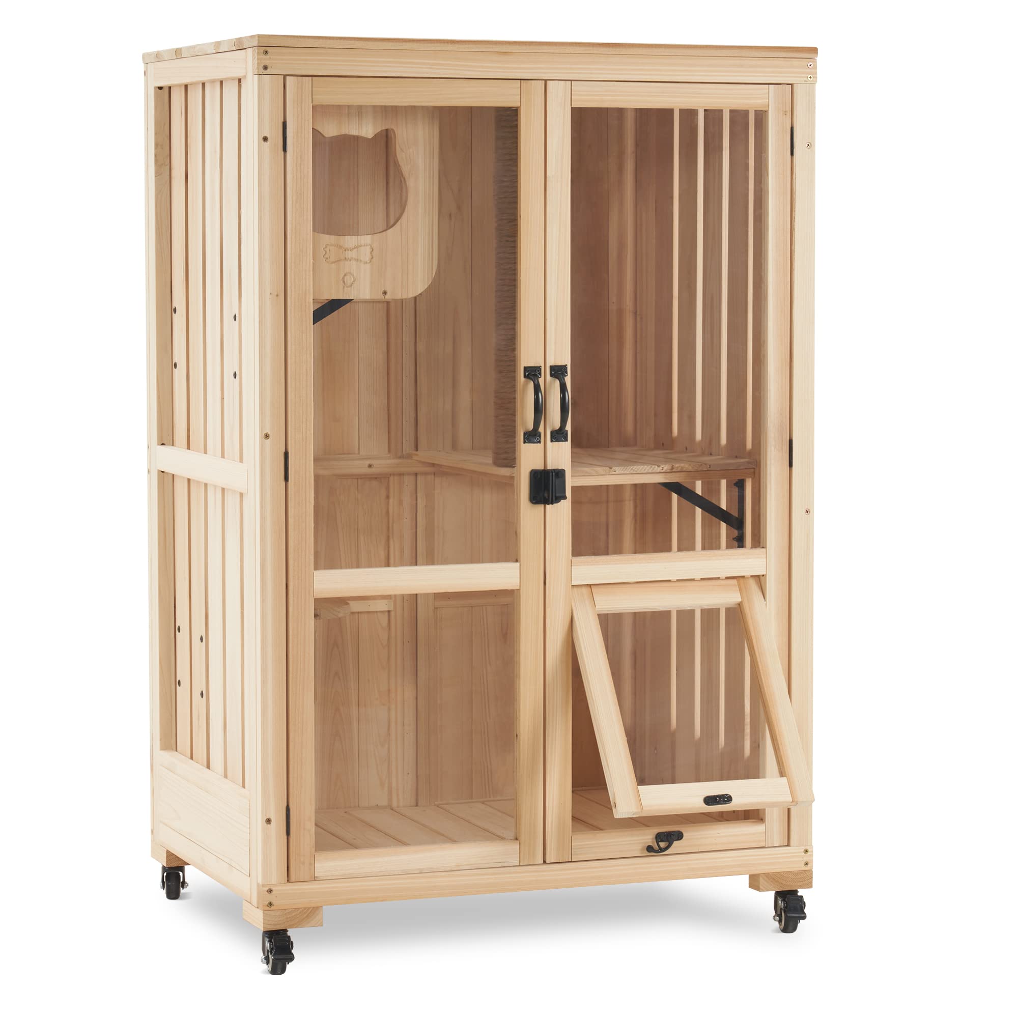 MCombo Luxury Cat House with Scratching Post, Wooden Multi Feature Large Cat Condo with Escape Door and Wheels, Kitten Cages wit