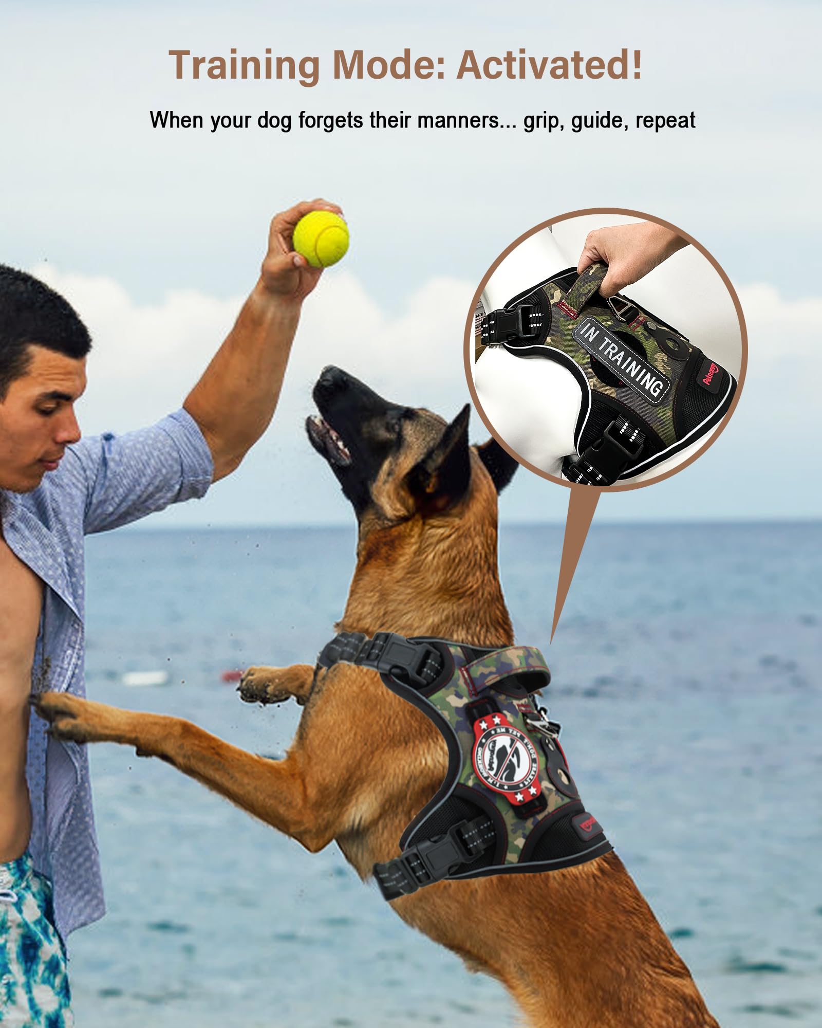 Petnanny No-Pull Tactical Dog Harness - Service Vest for XL Dog w/Reflective Strips, Padded Handle, AirTag Pocket | Escape-Proof