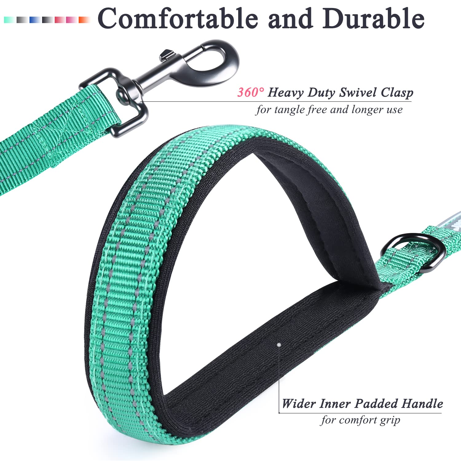 VIVAGLORY Traffic Handle Dog Leash - 4ft, Nylon, Turquoise, 2 Padded Soft Handles, Reflective & Metal Hook, for Dogs 25-120 lbs.