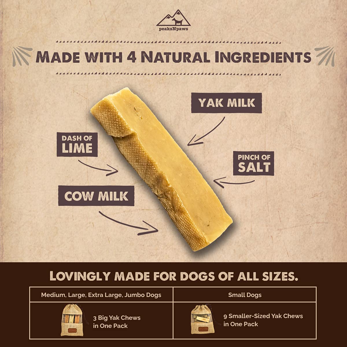 peaksNpaws Yak Cheese Himalayan Dog Chews, High Protein, Natural Dog Treats for Medium Dogs, Lactose Free Sticks for Aggressive