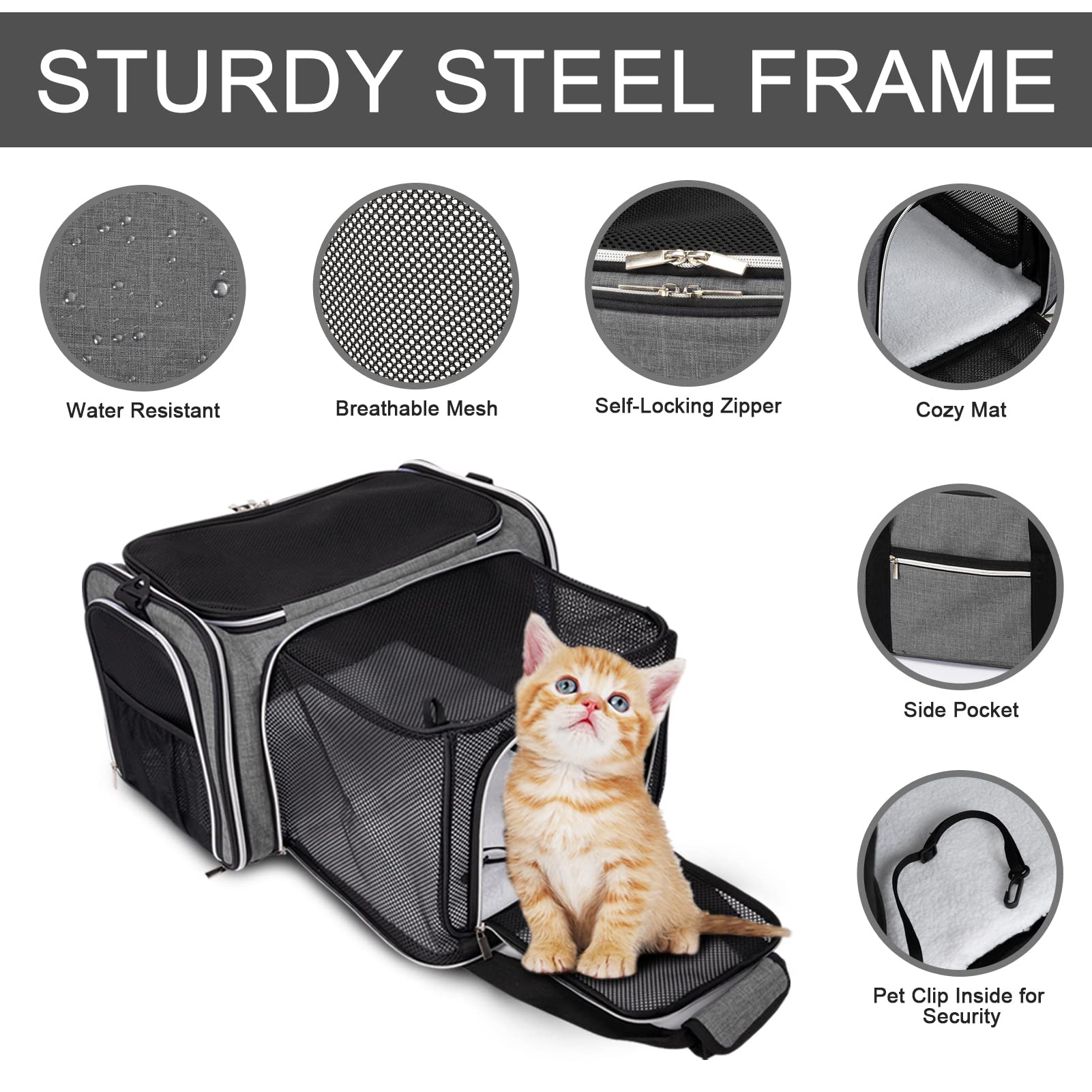 BAGLHER Cat Carrier Bag,Airline Approved Pet Carrier Soft Side Pet Travel 5 Sides Open Doors 3 Sides Expandable Foldable Dog Car