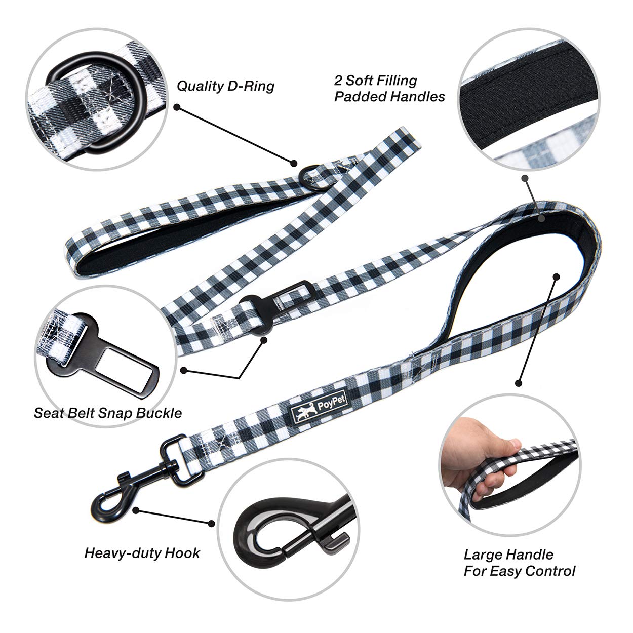 Poypet 5 Feet Dog Leash - 2 Cushioned Handles - Functional Car Seat Belt (Grid, L)