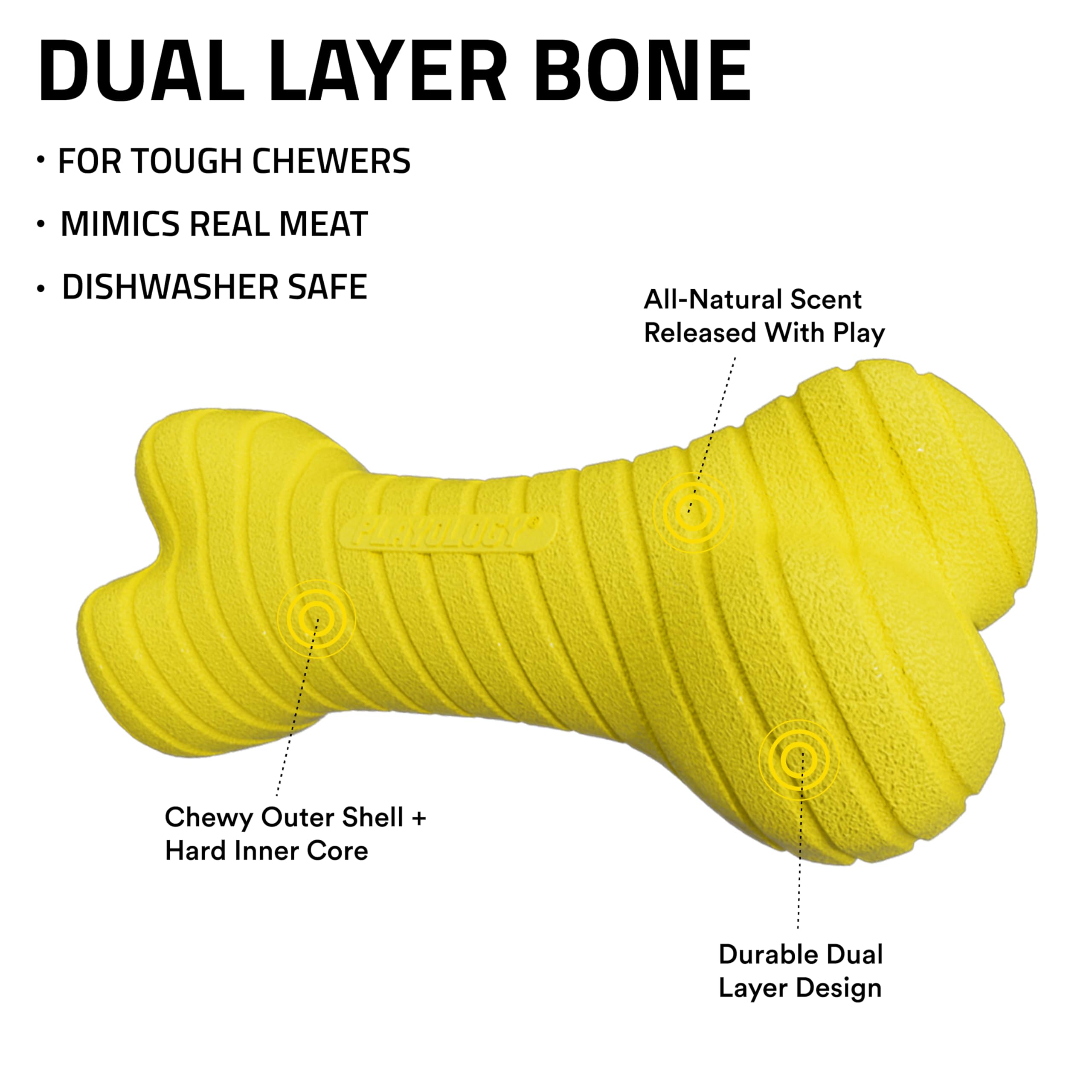 Playology Dual Layer Bone | Engaging All Natural Chicken Scented Dog Toy, Yellow Bone For Medium Dogs Up To 50Lbs | Interactive & Durable For Tough Chewers