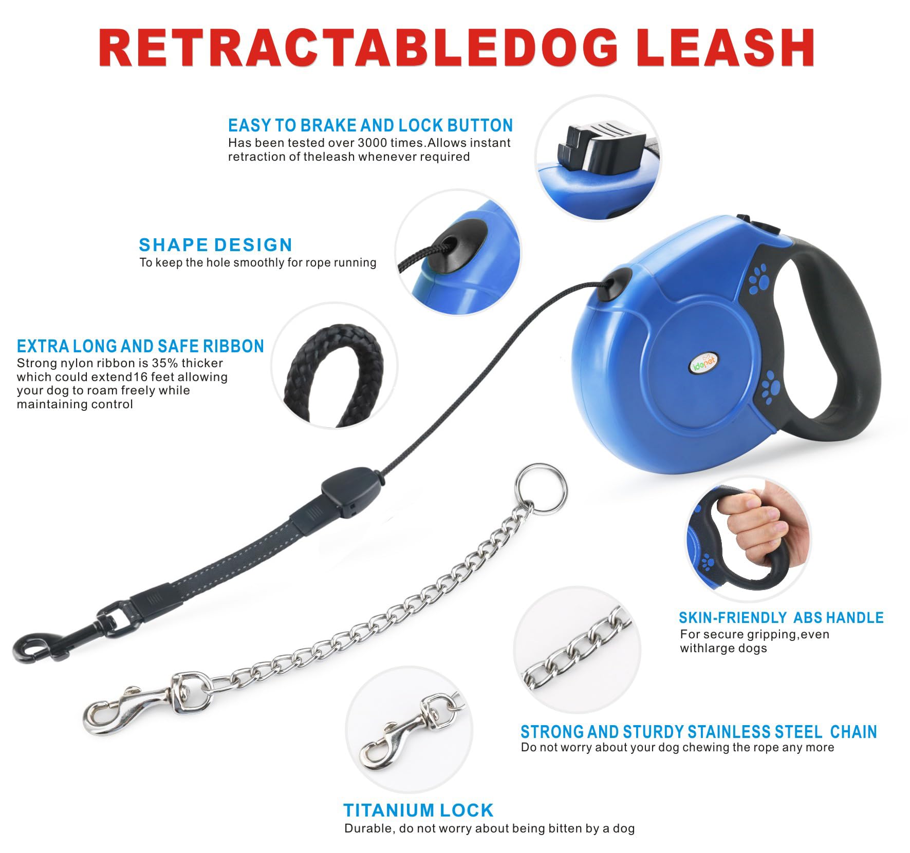 Idepet Heavy Duty Retractable Dog Leash For Small And Medium Dogs, Anti-Chewing Steel Chain Design,360 Degreetangle-Free,Break A