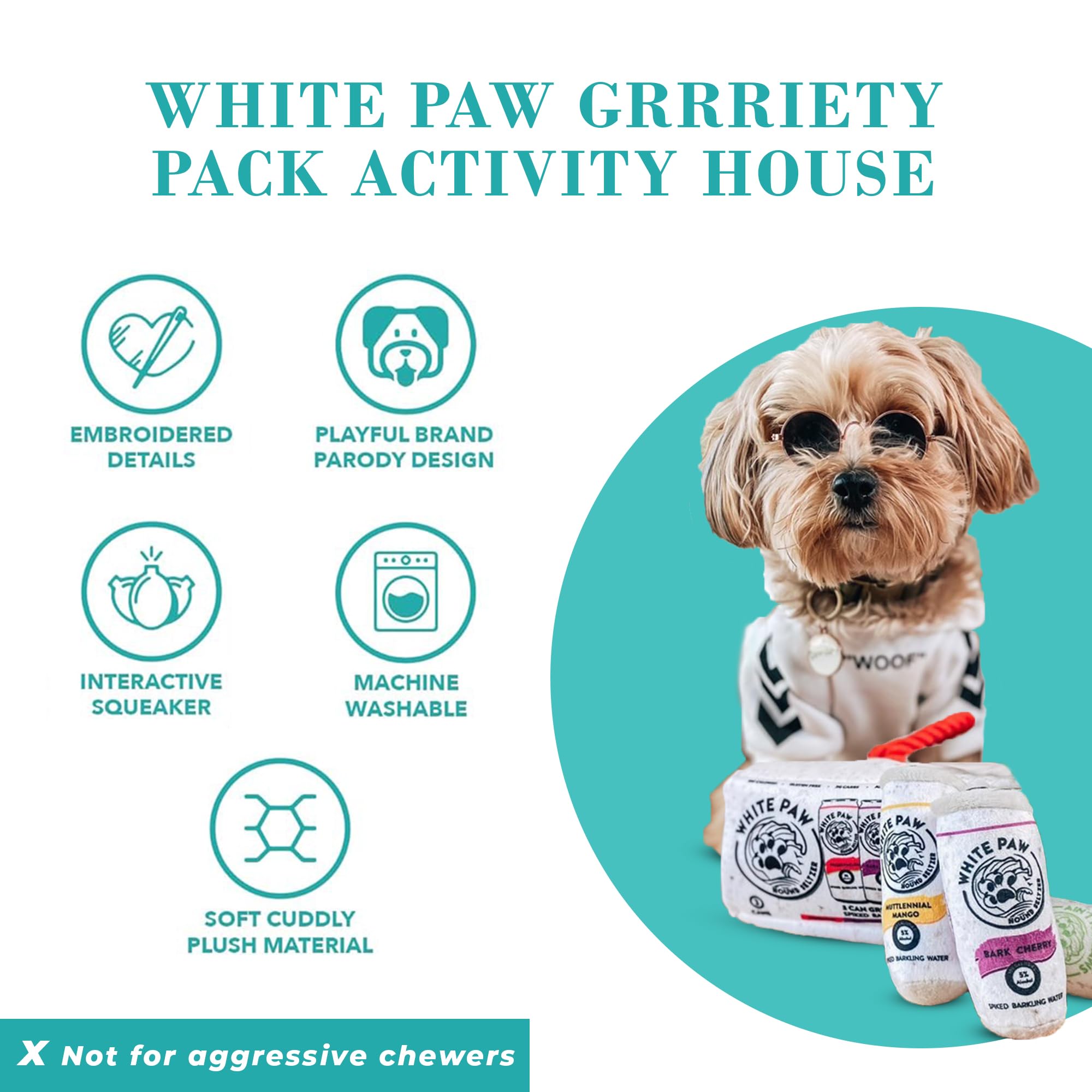 Haute Diggity Dog White Paw Grrriety Pack Activity House, Plush Designer Dog Toys With Interactive Squeaker, Stimulating Pet Enr