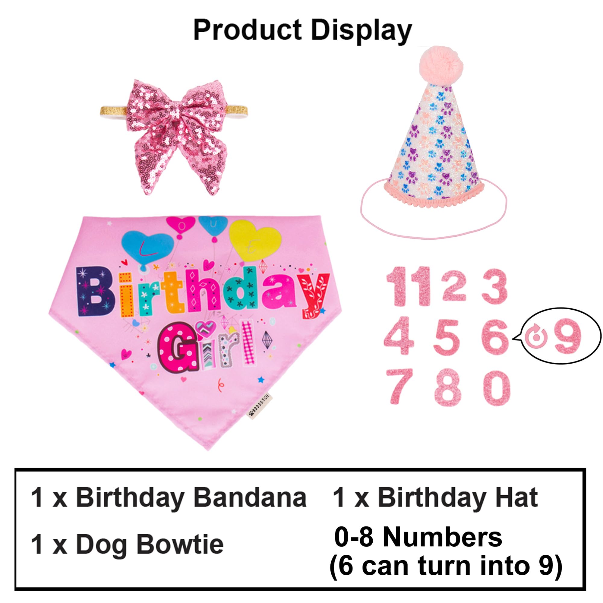 Adoggygo Dog Birthday Party Supplies, Pink Girl Puppy Birthday Bandana Hat Numbers Bow Set For Large And Extra Large Dogs (X-Lar