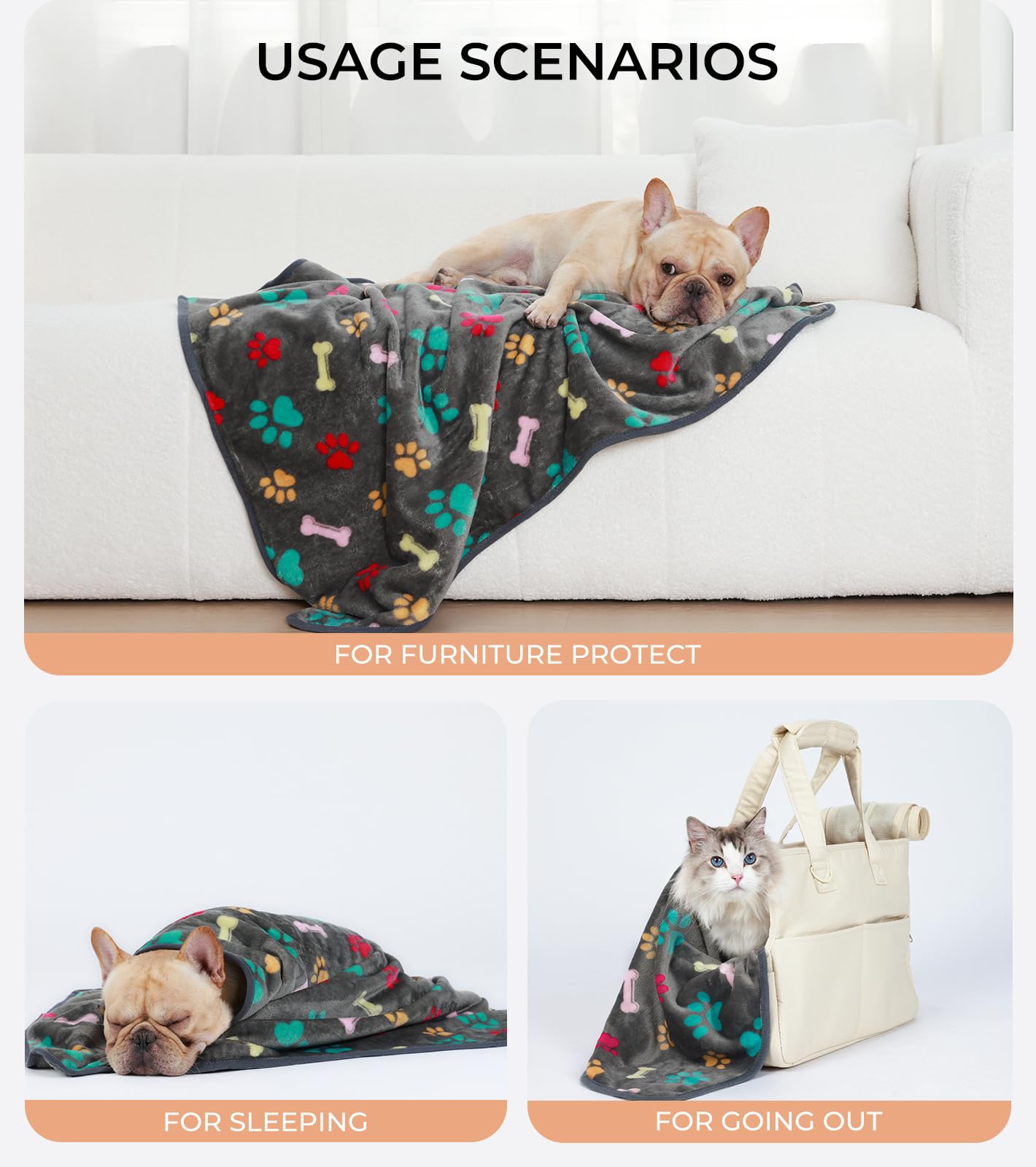 1 Pack 6 Blankets Dog Cat Soft Fluffy Fleece Pet Blanket Warm Cute Print Design Puppy Kitten Blanket Doggy Bone Medium(30X20)