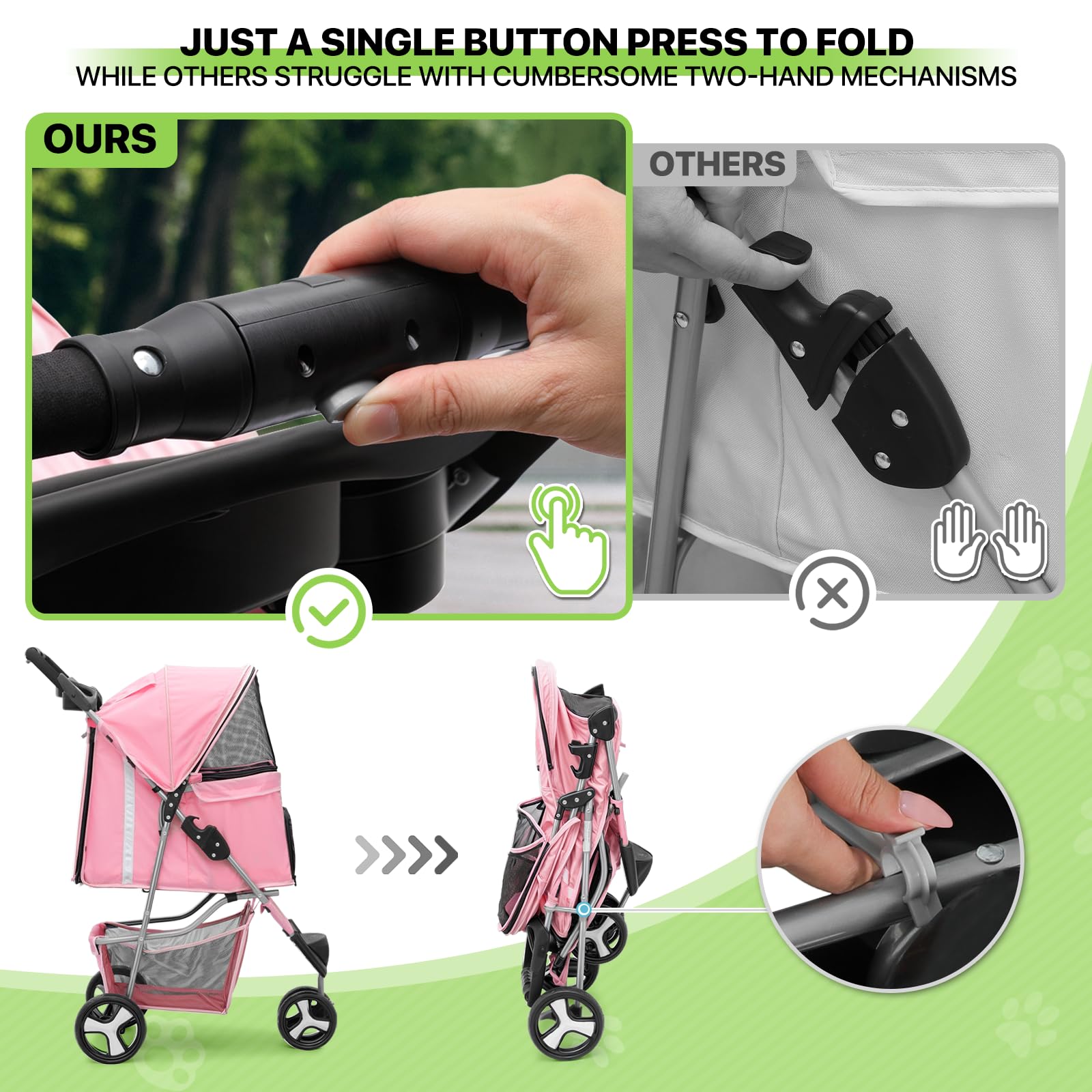 Magshion 3 Wheel Foldable Waterproof Premium Quality Pet Cat Dog Stroller Travel Carrier Light Weight with Storage Basket Cup Ho